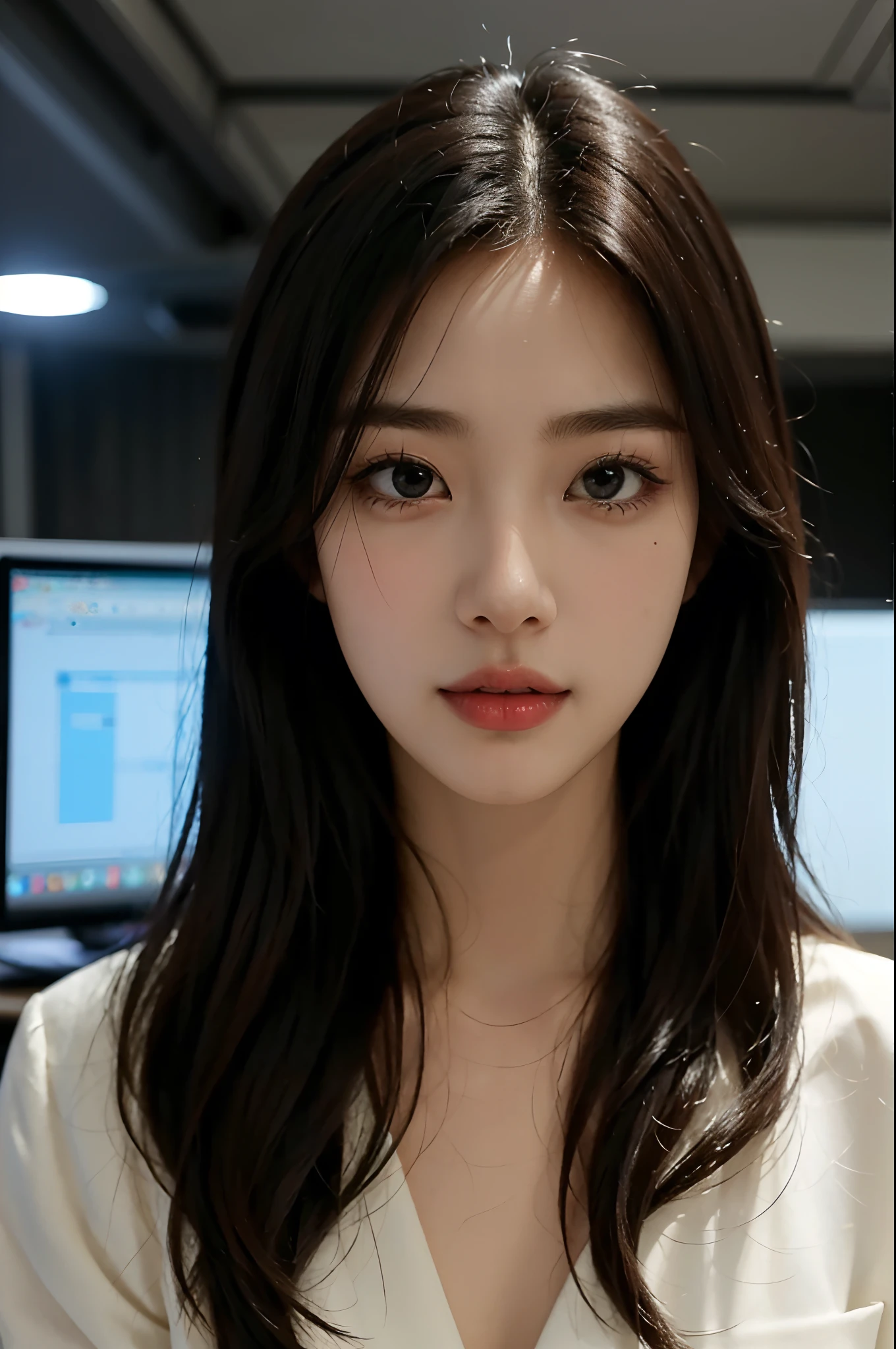 High-res, Realistic portrait of professional korean office lady with perfect skin,Professional suits,Women's suits,stand posture,The upper part of the body,Women in the workplace,Show confidence and maturity, Surrounded by a modern corporate environment, Vibrant and naturally lit highlights. The artwork should emphasize her elegant facial features, Including charming long eyes, Fluttering eyelashes and seductive lips. The scene should be enhanced with elements of professionalism and visual appeal,For example, Stylish work desk, Mainframe computers, High-resolution display, and complex stationery. The overall tone should be warm and professional, Has a soft and natural color palette. The artwork should exude a sense of professionalism, Success, and cultural pride,The background is blurred out