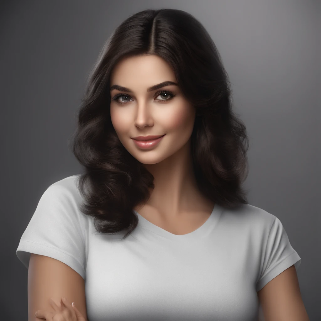 (photo: 1.3) af (photorealism: 1.4), (((white t-shirt))), super high resolution, (photorealism: 1.4), 1 girl, female avatar, soft light, black hair, smile, Facial focus, cheerful, (girl with short hair),, young, confident, ((gray background)), (((monochrome background))), high definition, details, slightly looking up, perfect picture, movie quality, ultra high definition , female avatar, beautiful girl, young and pretty, delicate face, elegant and luxurious, (close-up)