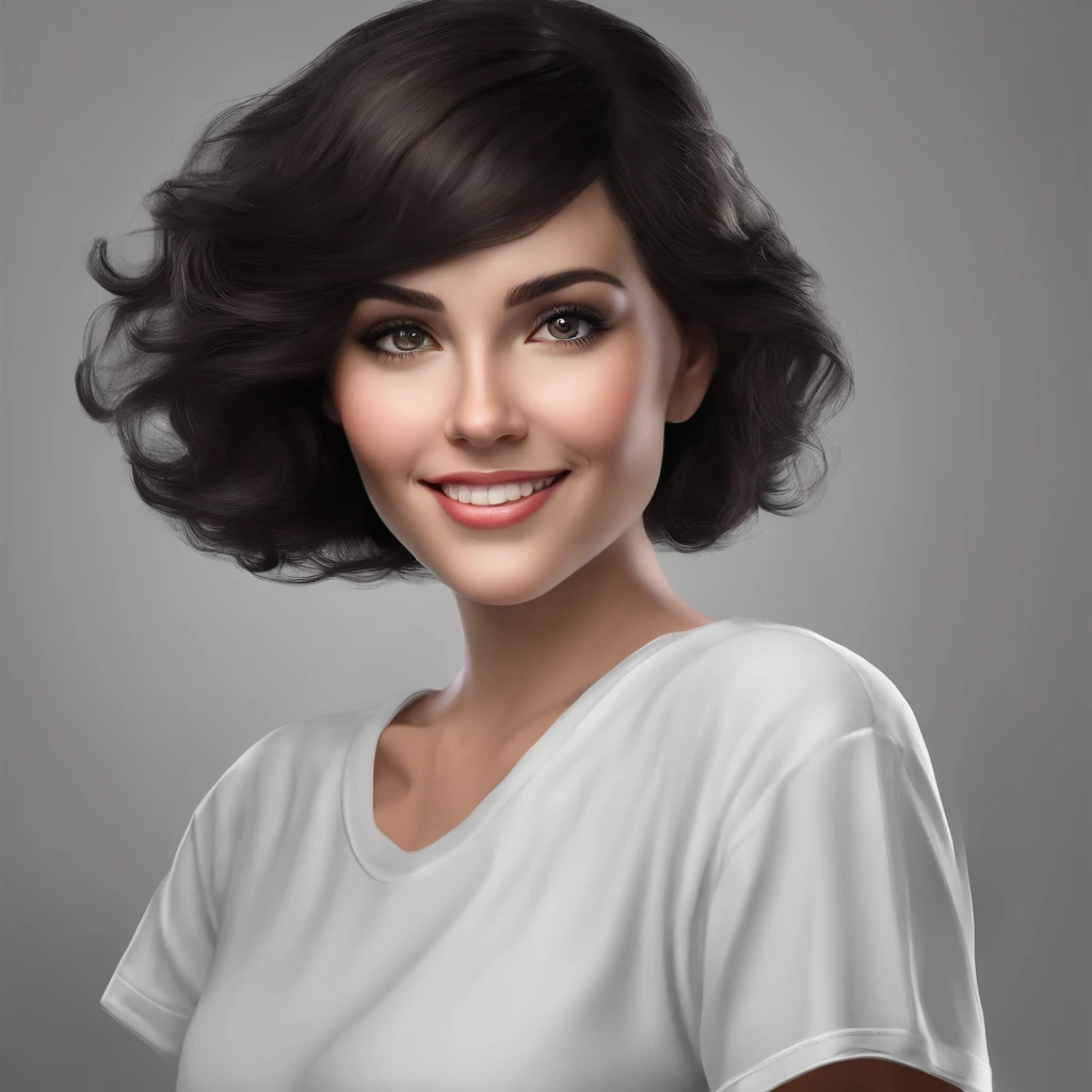(photo: 1.3) af (photorealism: 1.4), (((white t-shirt))), super high resolution, (photorealism: 1.4), 1 girl, female avatar, soft light, black hair, smile, Facial focus, cheerful, (girl with short hair),, young, confident, ((gray background)), (((monochrome background))), high definition, details, slightly looking up, perfect picture, movie quality, ultra high definition , female avatar, beautiful girl, young and pretty, delicate face, elegant and luxurious, (close-up)