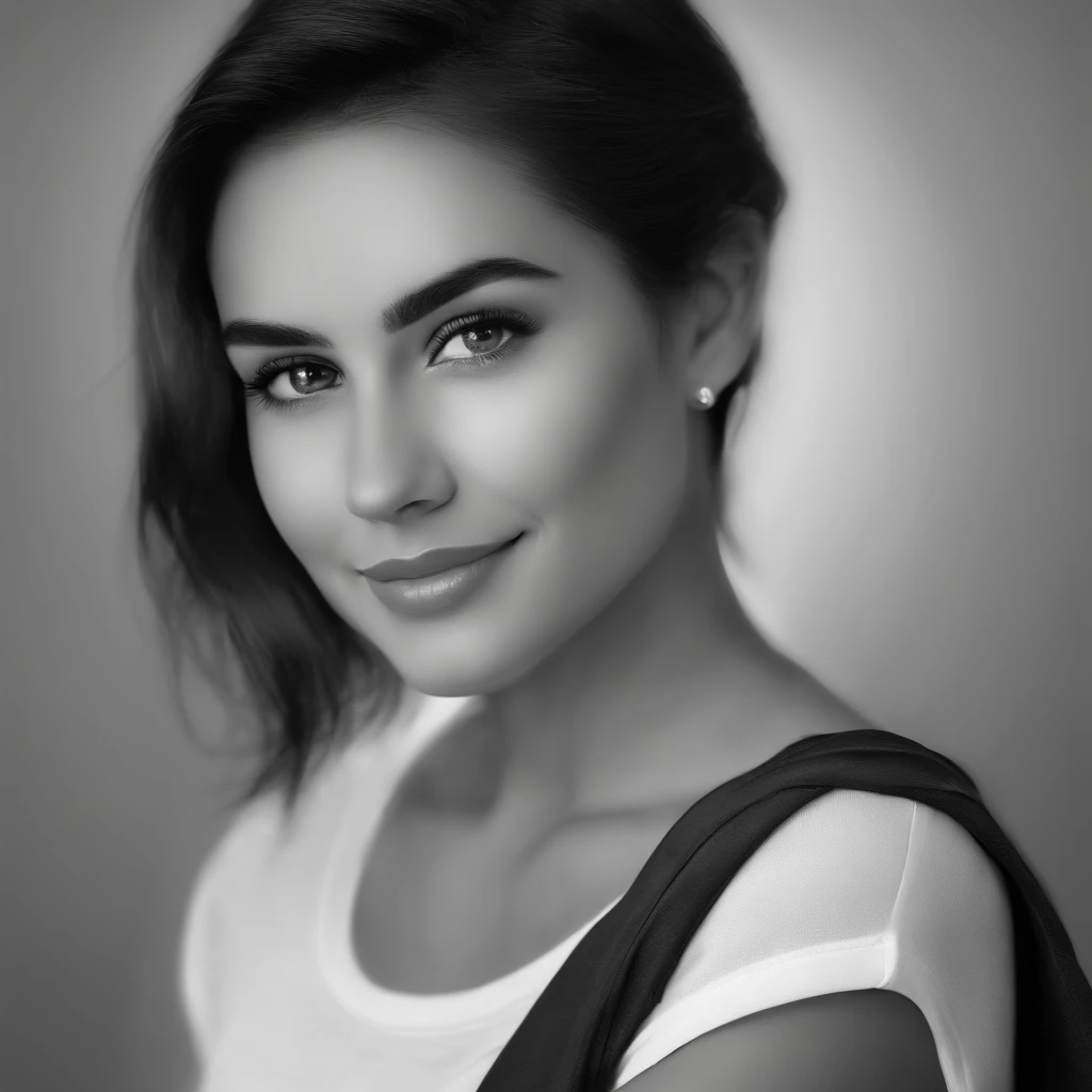 (photo: 1.3) af (photorealism: 1.4), (((white t-shirt))), super high resolution, (photorealism: 1.4), 1 girl, female avatar, soft light, black hair, smile, Facial focus, cheerful, (girl with short hair),, young, confident, ((gray background)), (((monochrome background))), high definition, details, slightly looking up, perfect picture, movie quality, ultra high definition , female avatar, beautiful girl, young and pretty, delicate face, elegant and luxurious, (close-up)