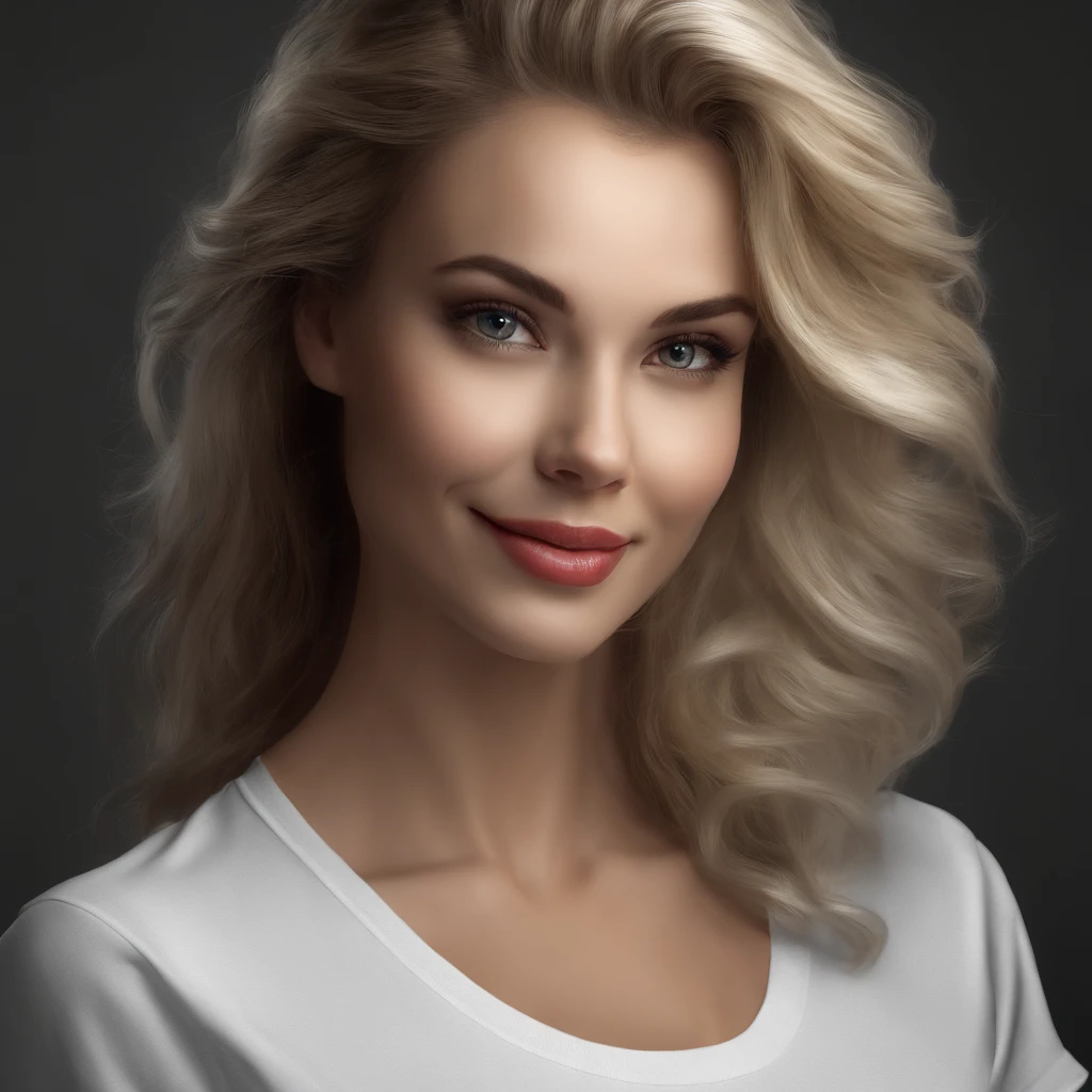 (photo: 1.3) af (realism: 1.4), (((white T-shirt))), (blond lady), super high resolution, (realism: 1.4), 1 girl, female avatar, soft light, Black hair, smile, facial focus, cheerful, young, confident, ((gray background)), (((monochrome background))), high definition, details, slightly looking up, perfect picture, movie quality, ultra high definition, Female avatar, beautiful girl, young and beautiful, exquisite face, elegant and luxurious