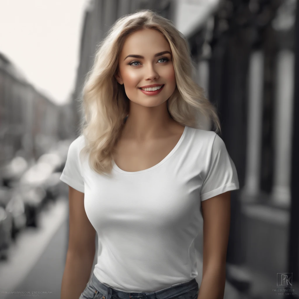 (photo: 1.3) af (realism: 1.4), (((white T-shirt))), (blond lady), super high resolution, (realism: 1.4), 1 girl, female avatar, soft light, Black hair, smile, facial focus, cheerful, young, confident, ((gray background)), (((monochrome background))), high definition, details, slightly looking up, perfect picture, movie quality, ultra high definition, Female avatar, beautiful girl, young and beautiful, exquisite face, elegant and luxurious