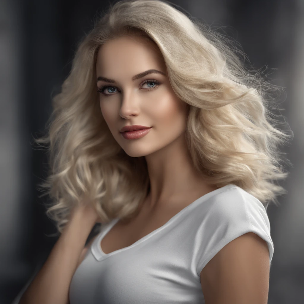 (photo: 1.3) af (realism: 1.4), (((white T-shirt))), (blond lady), super high resolution, (realism: 1.4), 1 girl, female avatar, soft light, Black hair, smile, facial focus, cheerful, young, confident, ((gray background)), (((monochrome background))), high definition, details, slightly looking up, perfect picture, movie quality, ultra high definition, Female avatar, beautiful girl, young and beautiful, exquisite face, elegant and luxurious