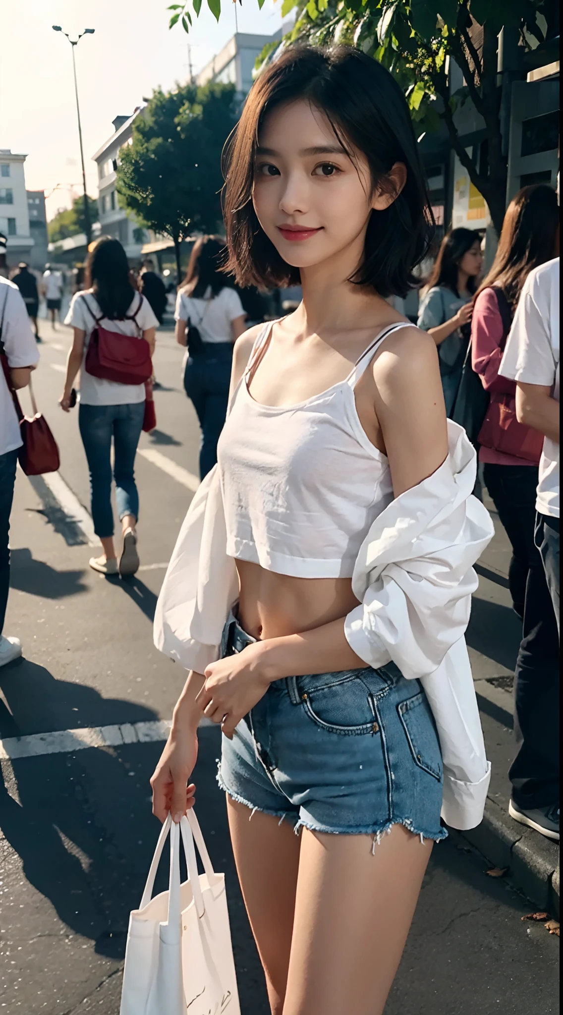 ((Small underboob)), (shoulder length straight black hair: 1.2), （Extremely meticulous CG 8k wallpaper），（Extremely refined and beautiful），（Masterpiece），（best qualtiy：1.0），（Ultra High Resolution：1.0），beautiful light up，Perfect lightning，realistic shaded，[A high resolution]，Smooth and flawless fair skin，Extremely exquisite facial details，（perfect body：1.1），ultra - detailed，A beautiful girl，small head，(Small breasts:1.1)，Flat chests，slim，thin，Smile，cheerfulness，（Pink Fisherman's Hat：1.1），（white collared long sleeved shirt:1.1），（blue shorts：1.1），White slippers，Summer，Dusk, sunset light，Standing at the school gate，Holding a Long tube coffee cup in hand，Carrying a blue shoulder bag on shoulder，Carrying a plastic bag of tomatoes，Close Shot，Surrounded by a crowded crowd