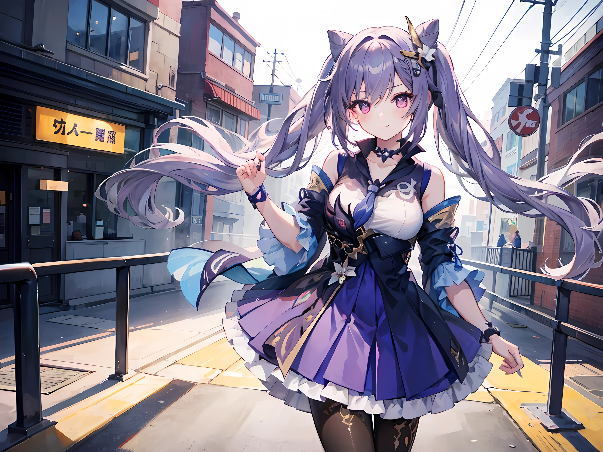 1 girl, cute, full body, school dress, city background, simple background, looking at viewer, smile, cute face, 8k, masterpiece, ray tracing, beautiful detailing, expressive eyes, perfect eyes, best quality