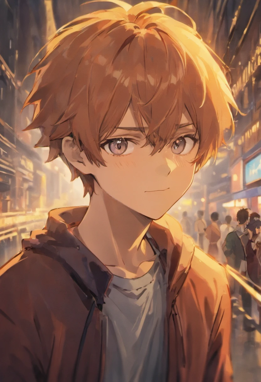 anime boy, face close up, anime drawing/illustration style, atmospheric, blurry background, smirking