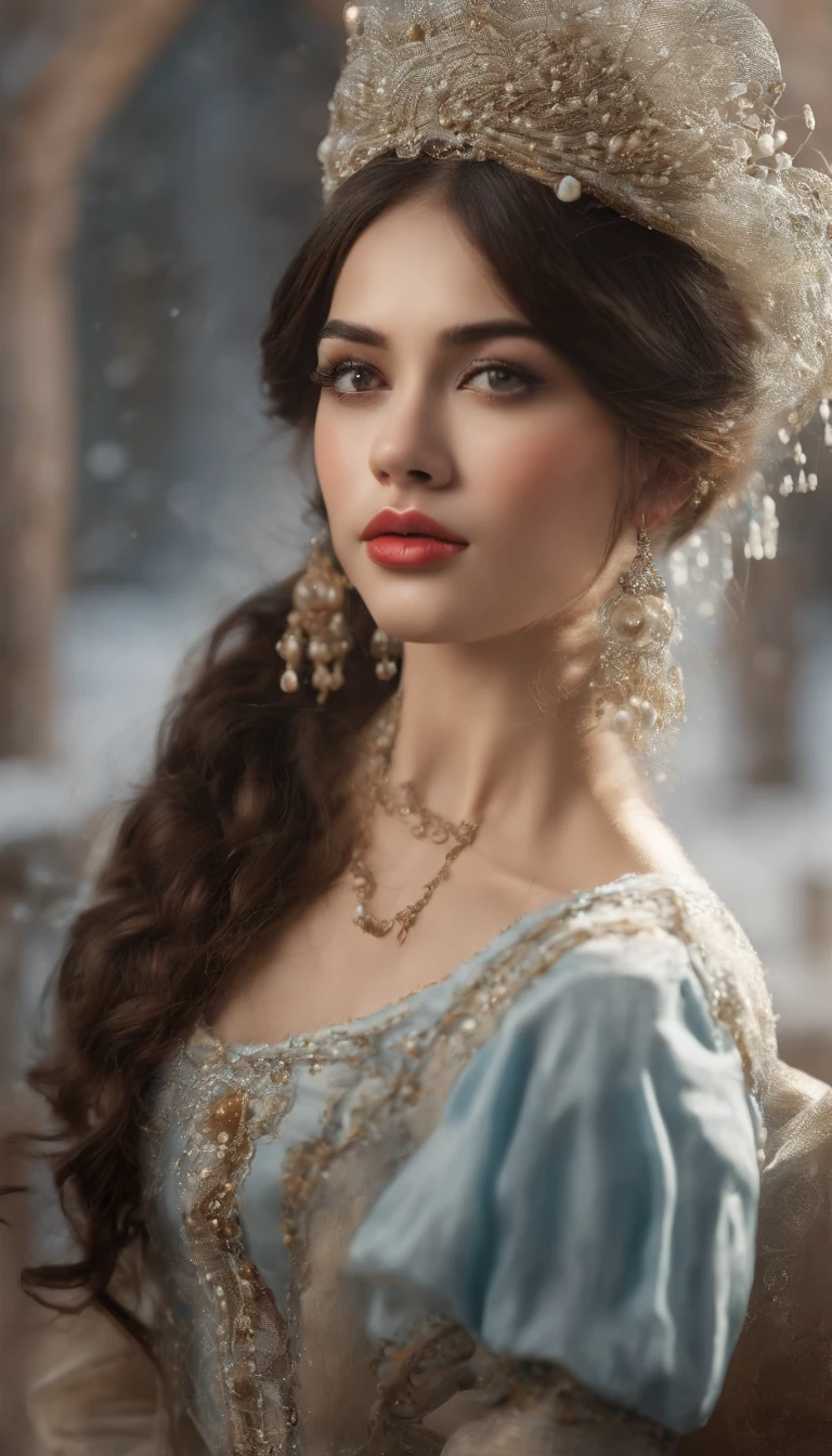 "1 beautiful girl wearing a traditional costume, a long thin light blue dress made of meticulously made silk, deep slit shirt, cleavage, long hair and silver bangs with a hint of light blue, the most beautiful and detailed hair jewelry, beautiful little face thin eyebrows, the most beautiful and spotless face, ((black iris:0.8)), the very beautiful eyes, big round eyes, ((blue color eyes:1.1)), fine and detailed makeup eyelashes, high nose, wearing earrings, small red lips, rosy face, clean face, beautiful face without blemish, smooth white skin, ((big breasts: 0.9)), Blums boobs, ((big and super round breasts:0.9)), ((super tight breasts:1.2)), ((breast augmentation: 0.8)), beautiful breasts, slim and petite body, ((thin waist: 0.9)), upper body of a beautiful girl, sexy girl, skirt, lace mesh socks to match the color of the outfit, fishnet stockings color coordinated according to the outfit, pose elegantly, elegantly, and politely, 8k photo, super high quality, super realistic, 10x super pixels, photo realistic, dark studio, border light, two tone light, (detailed skin high: 1.2), 8k uhd, dslr, soft light, high quality, volumetric light, candid, Photo, high resolution, light, best photo, 4k quality, 8k, Bokeh, Smooth and sharp, pixel up 10 times, lightning, super graphics, the most realistic graphics, (((Snowy background: 1.6))), 1 girl, alone, solo, ((frontal portrait:1.2)), Extremely sharp, super realistic images."