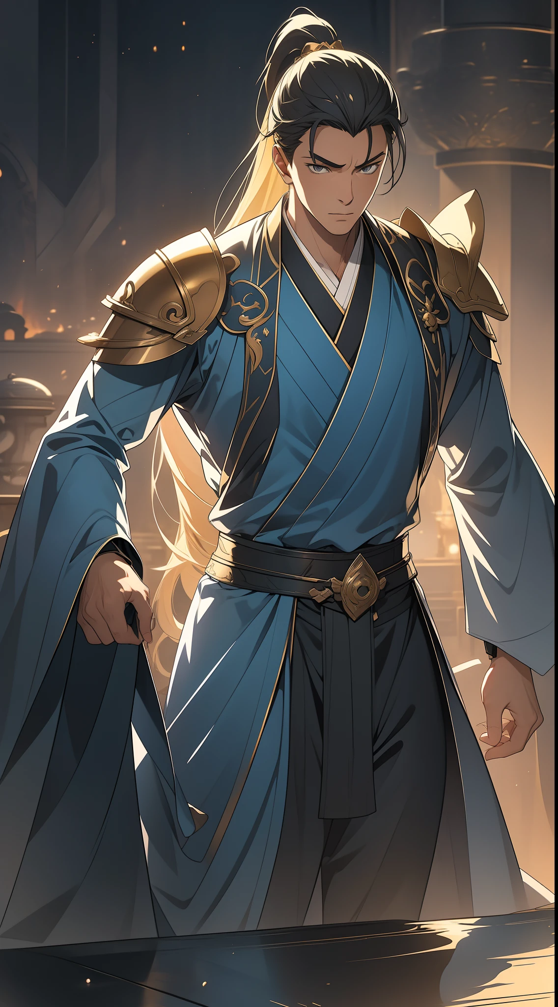quadratic element,style of anime,mtu(Male Warrior),The proportions are correct,Face details,swordsmen,High ponytail hairstyle,Neck details,There is an Adam's apple,Blue suit,kaftan,long blue robes,clothes details,Handing over,longer sleeves,Game quality,Swordsmanship,Light and shadow tracking,Ray traching,detailed glow,cg render,hair detail,yellow long hair,blue colored eyes,Handsome,Handsome,(juvenile sense),Clothing is complicated,Perfectcomposition,Refinement,high qulity,higher details,Lots of details,The background is complex,a sense of atmosphere,