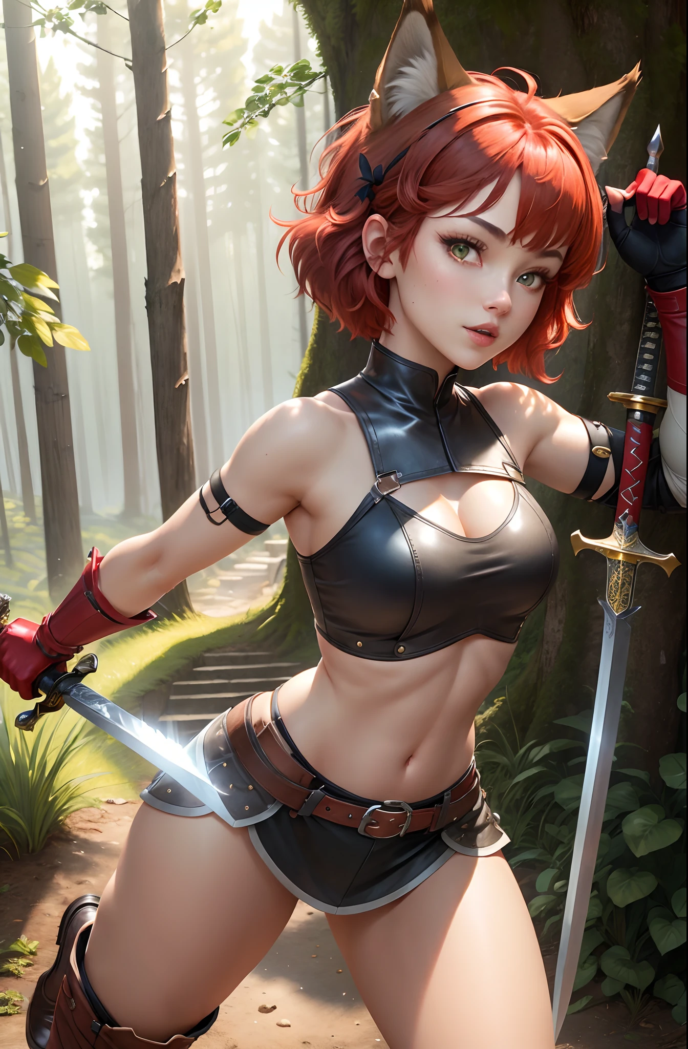 (masterpiece:1.3) extremely detailed, best quality, ((extremely detailed CG)), wolf ears, wolf tail, solo, 1girl, bare shoulders, bodysuit, boots, young girl, clothing, scarlet red hair, sky red hair, short hair, side locks, bangs, elbow gloves, footwear, gloves, gold eyes, red eyes, looking at viewer, medium hair, power_symbol, sideboob, navel, midriff, 1girl, hair ornament, hair ribbon, short hair, holding sword handle, fun expression, sword stance, fighting stance, sexy knight armor, 1 sword, sunny green forest