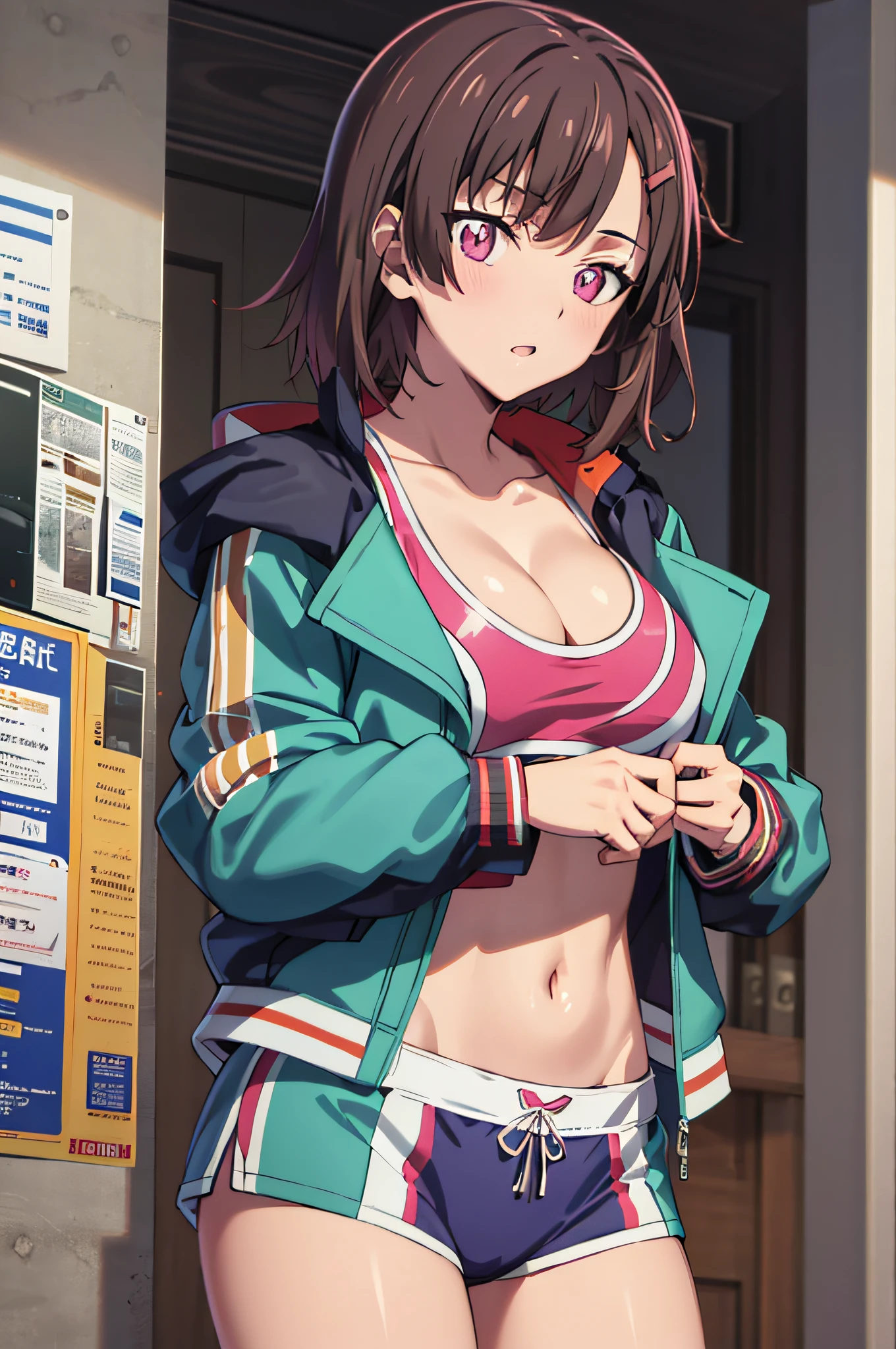 masutepiece, Best Quality, High resolution, Ultra High Resolution, depth of fields, Short hair, Brown hair, Pink eyes, hair pin, Long sleeves, cleavage, Big Tits, 鎖骨, Jacket, Jacket Off, Jacket open, Blue jacket, Sports Bra