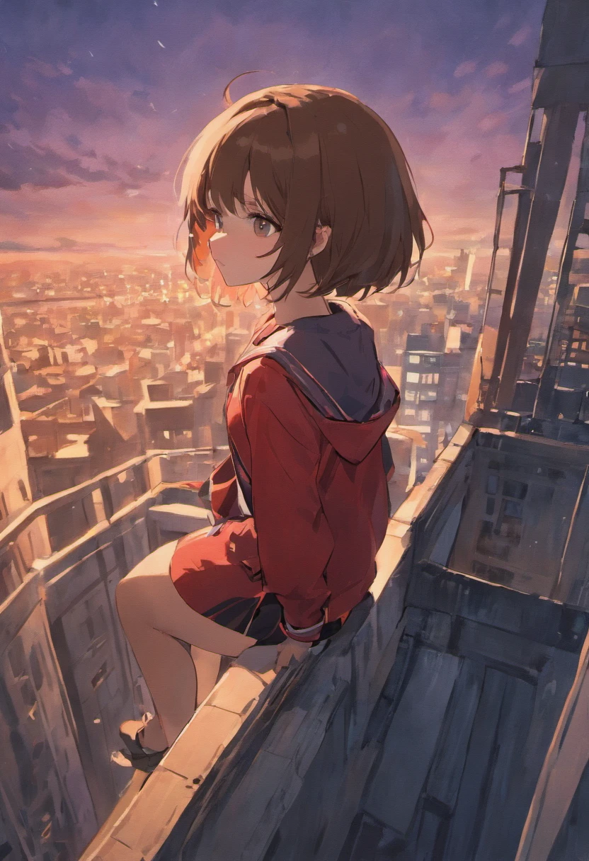 Girl with short brown hair,Wearing a JK uniform and a short skirt,Sit sideways on the rooftop of the building,Soft light, Cinematic composition, Cinematic light