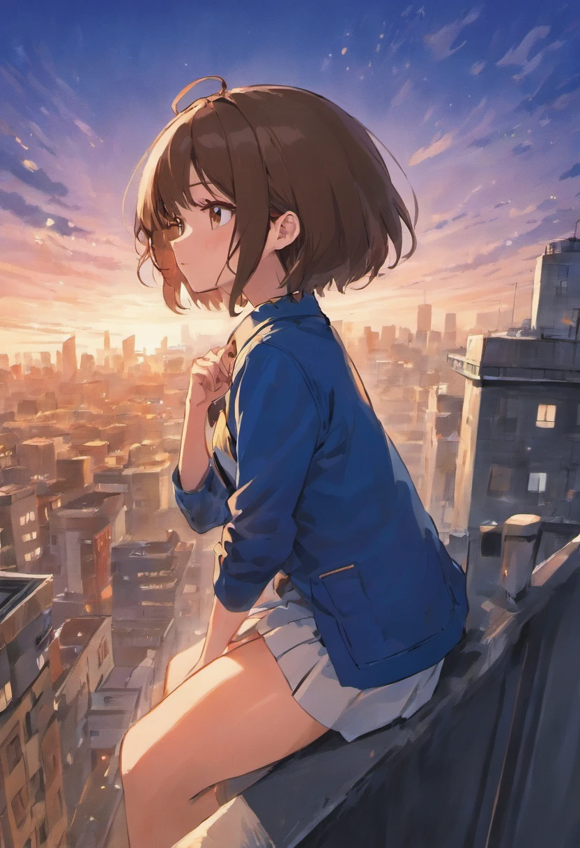 Girl with short brown hair，Wearing a JK uniform and a short skirt，Sit sideways on the rooftop of the building，Soft light, Cinematic composition, Cinematic light