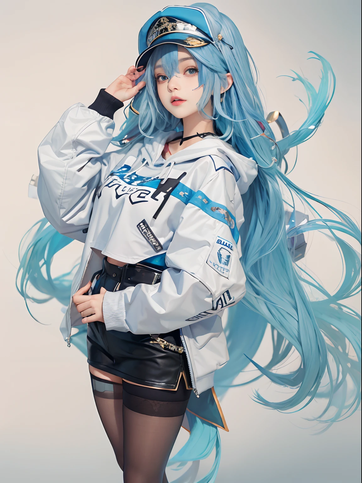 tmasterpiece,1girll,独奏,long whitr hair,blue hairs,hoody,cropped shoulders:1.2,mob cap,the street,hand on hips,hand on pockets,blackstockings