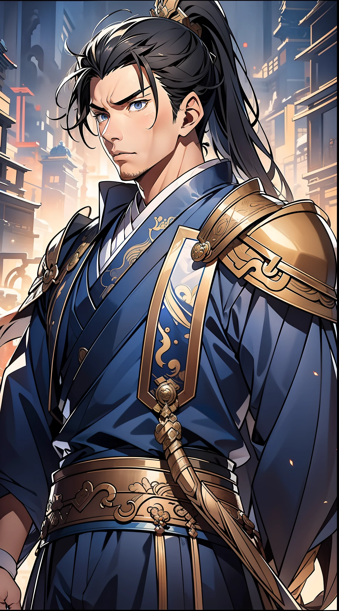 Masterpiece, Excellent, Daytime, 1 Man, Chinese Style, Ancient China, Chinese Court, Eagle, Turquoise Brown Hair, Gray-Blue Eyes, Split Hair, Long Hair, Long Bangs, High Ponytail, Handsome, Handsome, Serious, Gentle, Tall, Quiet, Dark Clothes, Gray-Blue Clothes, Dark Blue Clothes, Prince, Sword, Looking Down