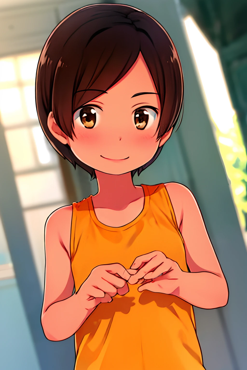 1girl, NOEL-CHAN, one-piece, Short hair, dark-brown hair, brown eyes, Solo, Solo Focus, female focus, face focus, upper body, smile,