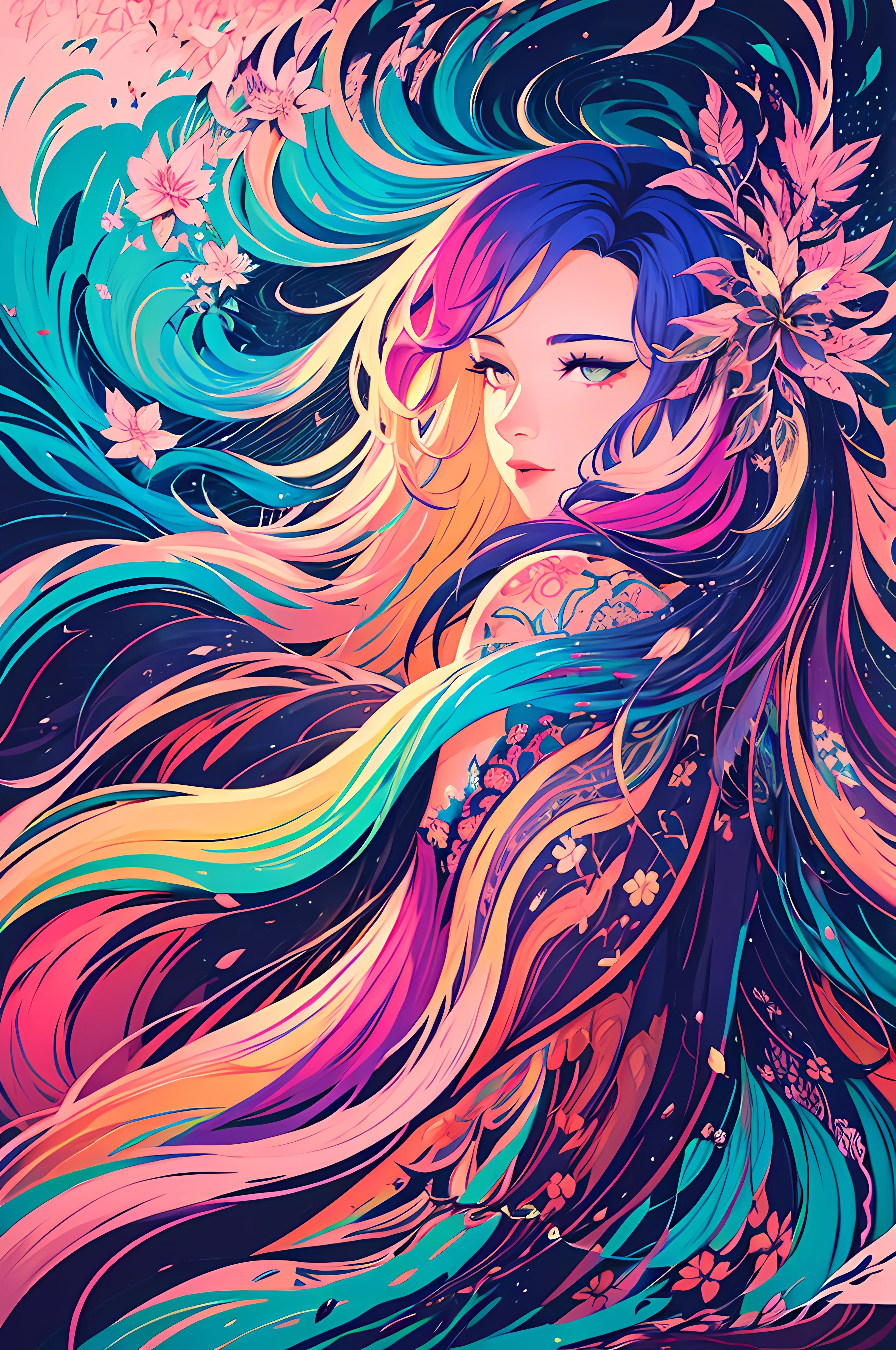 A painting of a woman with long hair and colorful hair, Beautiful digital illustration, stunning digital illustration, gorgeous digital art, A beautiful artwork illustration, Beautiful digital artwork, beautiful digital art, Exquisite digital illustration, intricate digital painting, Very Beautiful Digital Art, vibrant digital painting, beautiful gorgeous digital art, psychedelic flowing hair, colorful digital painting, Inspiring digital art, Stylized digital art