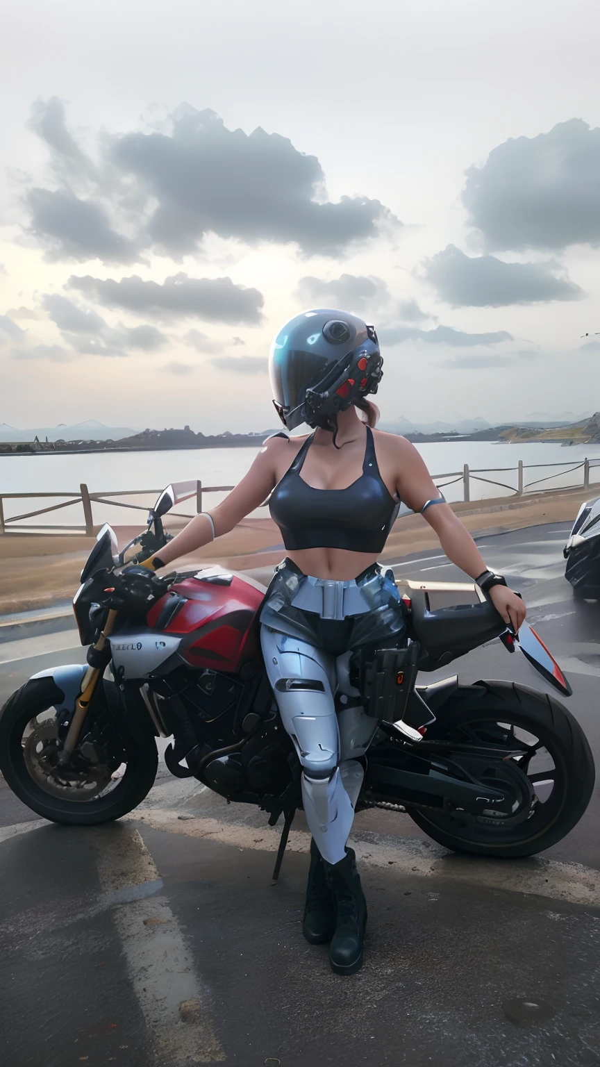 Hermosa mujer, voluptuoso cuerpo entero, Usando casco de moto que oculta su rostro, usando armadura estilo ciberpunk ,condenar, Warhammer 40.000 precioso y hundido, Bright and moist sculptural body, usando mecha de metal desgastado, rojo y blanco, wet and brilliant latex clothes, campo de batalla, alien planet, naves gigantes, Alien buildings destroyed by battle,