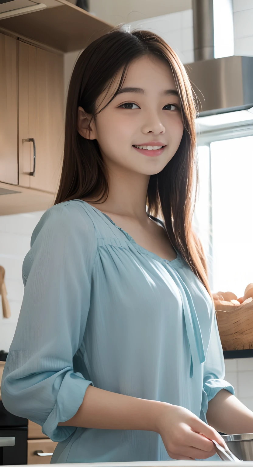 (top-quality、masterpiece:1.2)、Best Quality、realisitic、photoshot、hight resolution、1080p、8K、Textured skin、Physical Rendering、1 Japan Girls、a junior high school student、kawaii、Young Face、Rolled hair、(Blouse:1.5)、Cooking in the kitchen、full of shyness、smil、Big