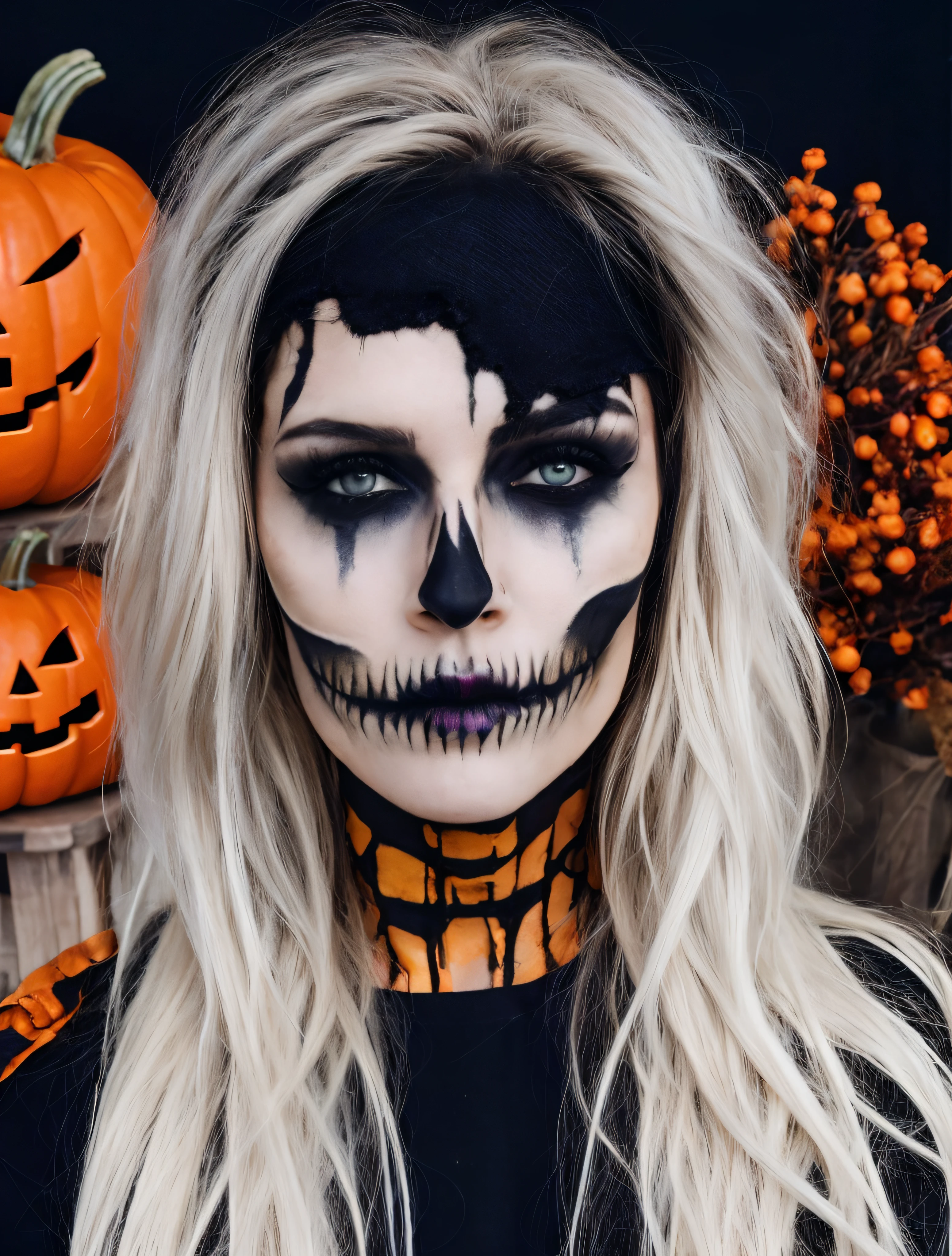 RAW photo, 1girl, [Sigourney Weaver|Megan Fox|(Angelina Jolie:0.8)], layered haircut, HWmakeup, (Halloween costume:1.1), complex Halloween office background, autumn, Halloween, Halloween theme, Halloween colors, (cozy atmosphere:1.2) 8k uhd, dslr, soft lighting, high quality, film grain, Fujifilm XT3, (intricate details:0.9), (hdr, hyperdetailed:1.2)