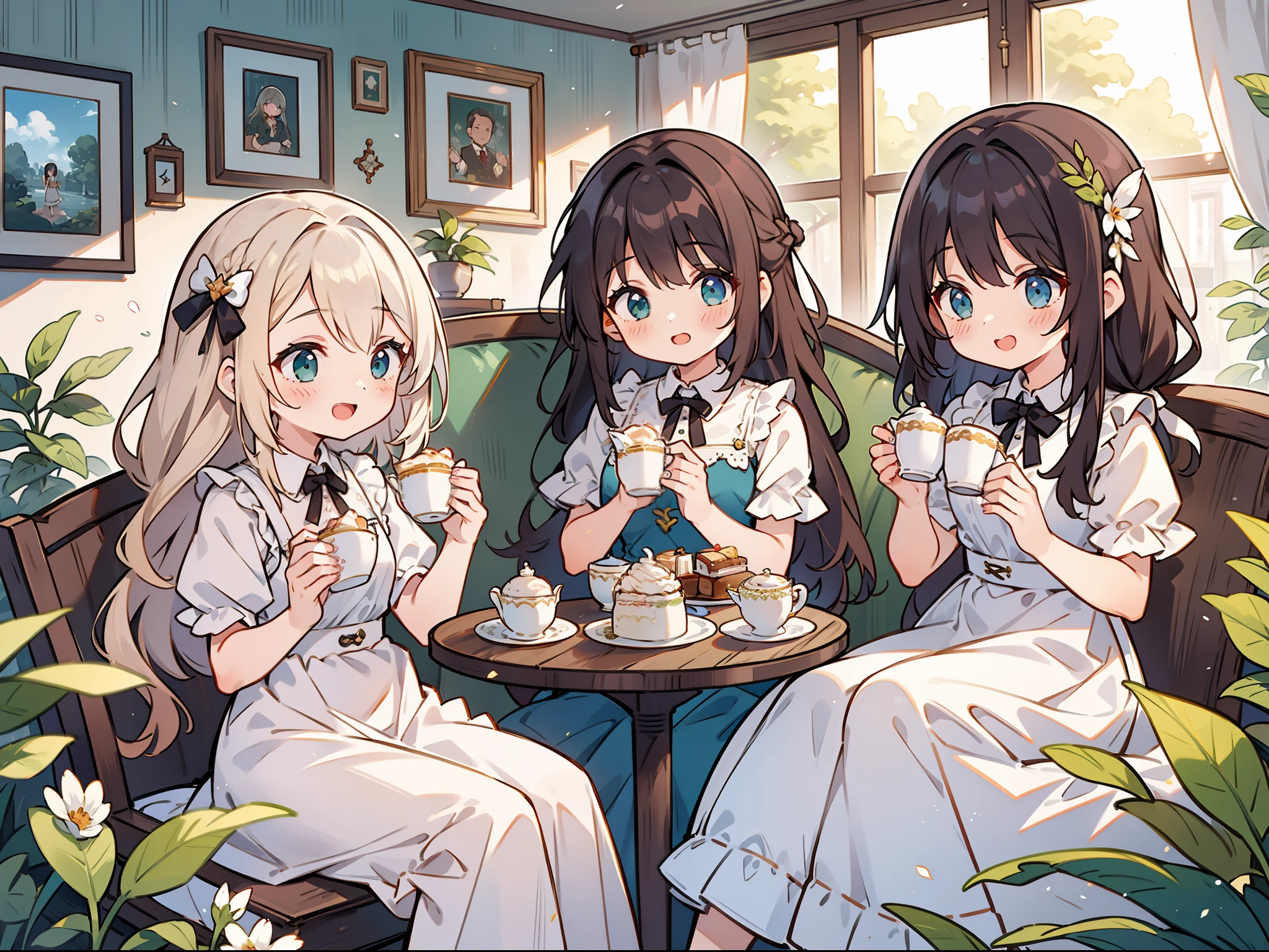 two girls enjoy afternoon tea, recoco dress, long hair, happy, indoors, in coner of statbucks