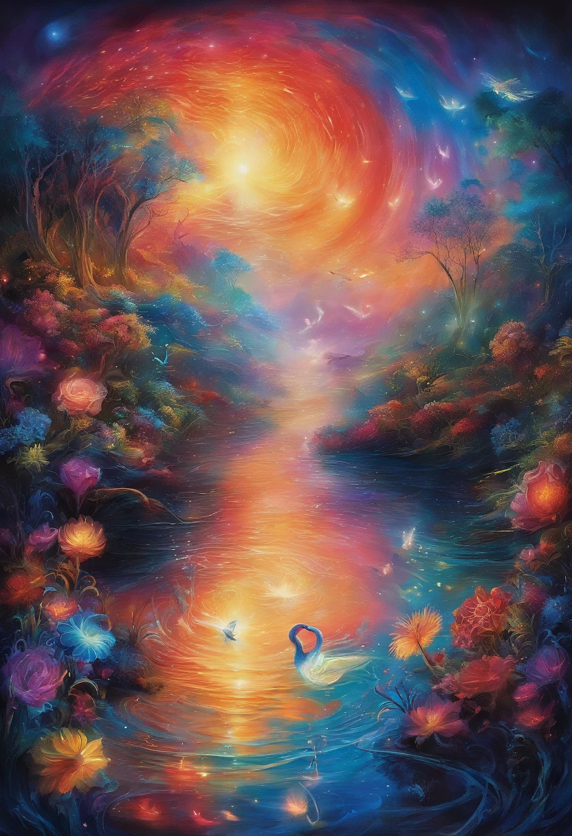 ,walking on the water,See a large alien creature,(Translucent water sprite,It grows a pair of wings),Fly out of the sea,Splashes,Ambient blue lighting, There are plants, Rich in color,Lighting effects,film effect,tmasterpiece,The sky comes in many colors