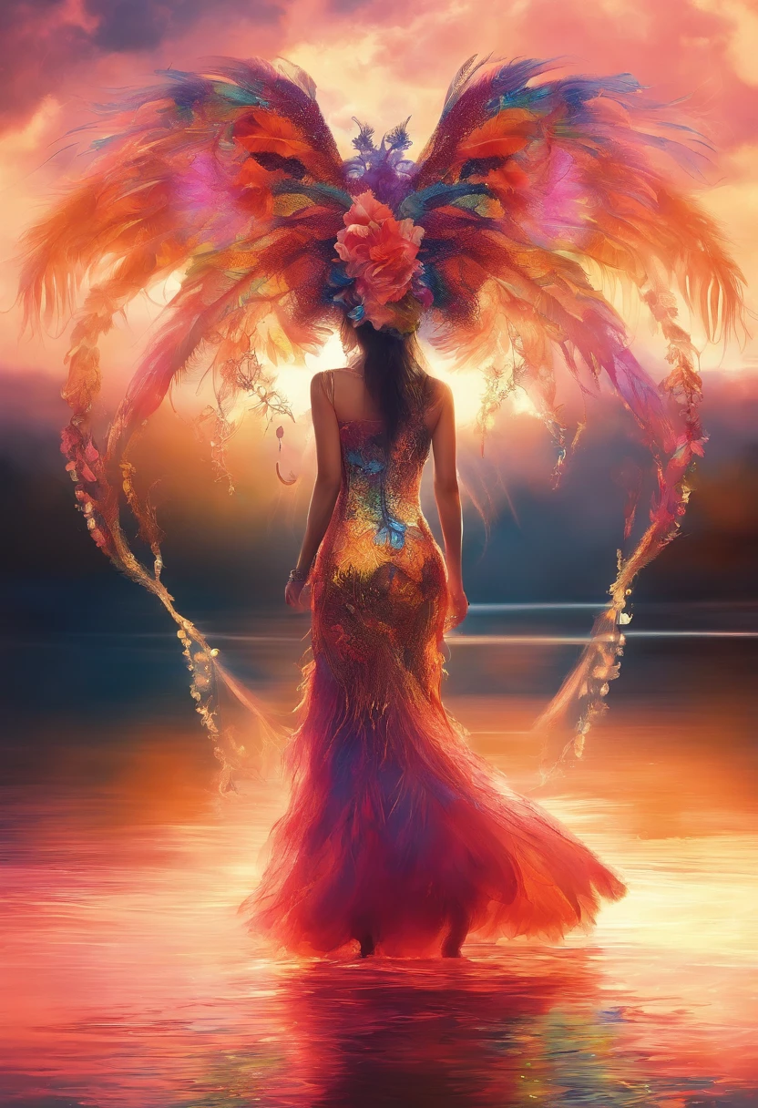 ,walking on the water,See a large alien creature,(Translucent water sprite,It grows a pair of wings),Fly out of the sea,Splashes,Ambient blue lighting, There are plants, Rich in color,Lighting effects,film effect,tmasterpiece,The sky comes in many colors