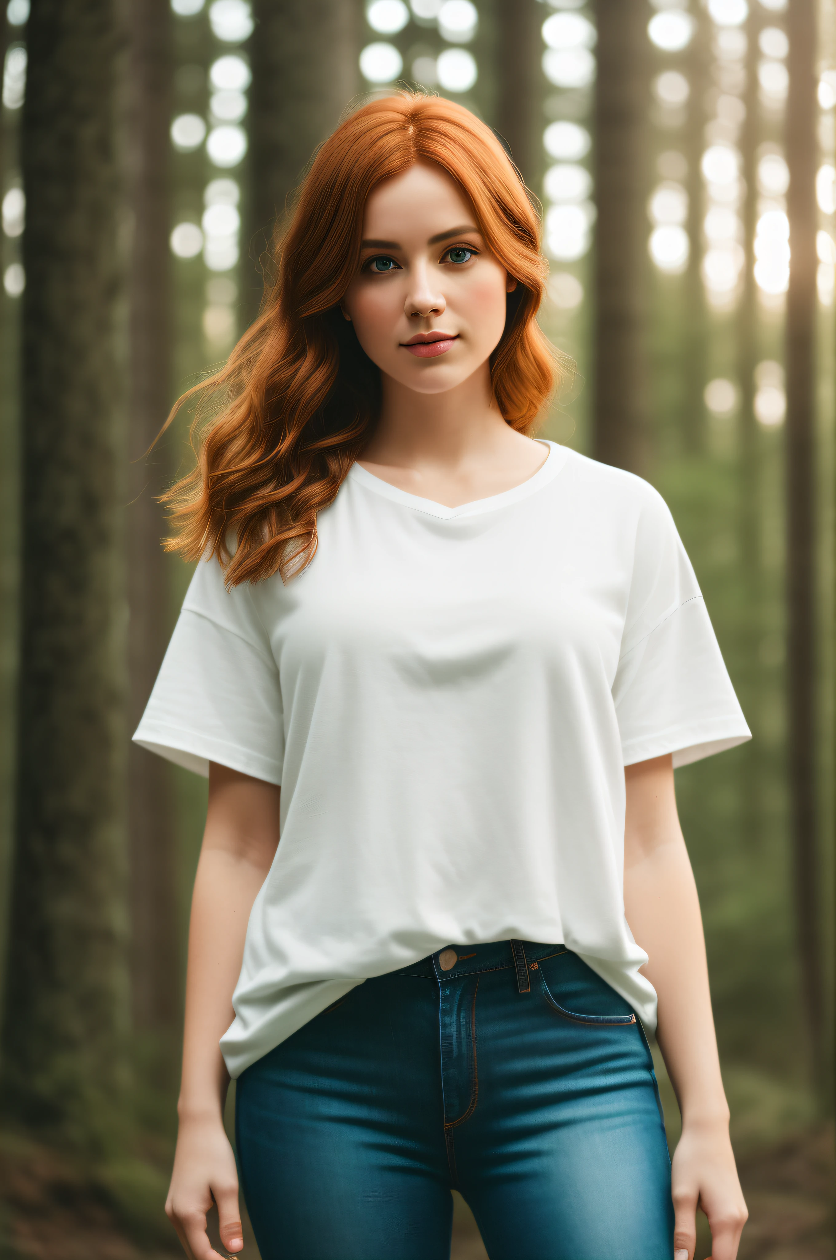 potrait of fullbody a european woman, wearing white clean tshirt and jeans, no font, ginger hair, winter forest, natural skin texture, 24mm, 4k textures, soft cinematic light, RAW photo, photorealism, photorealistic, intricate, elegant, highly detailed, sharp focus, ((((cinematic look)))), soothing tones, insane details, intricate details, hyperdetailed, low contrast, soft cinematic light, dim colors, exposure blend, hdr, faded