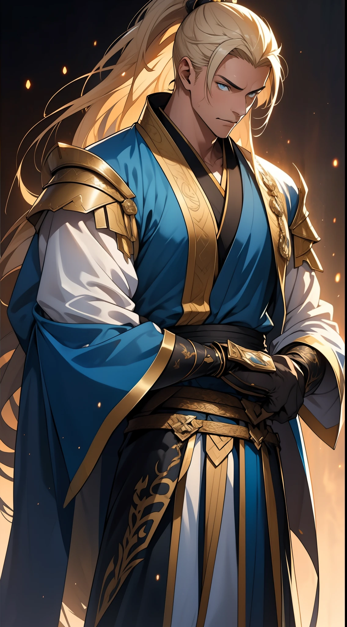 quadratic element，style of anime，mtu（Male Warrior），The proportions are correct，Face details，swordsmen，High ponytail hairstyle，Neck details，There is an Adam's apple，Blue suit，kaftan，long blue robes，clothes details，Handing over，longer sleeves，Game quality，Swordsmanship，Light and shadow tracking，Ray traching，detailed glow，cg render，hair detail，yellow long hair，blue colored eyes，Handsome，Handsome，（juvenile sense），Clothing is complicated，Perfectcomposition，Refinement，high qulity，higher details，Lots of details，The background is complex，a sense of atmosphere，