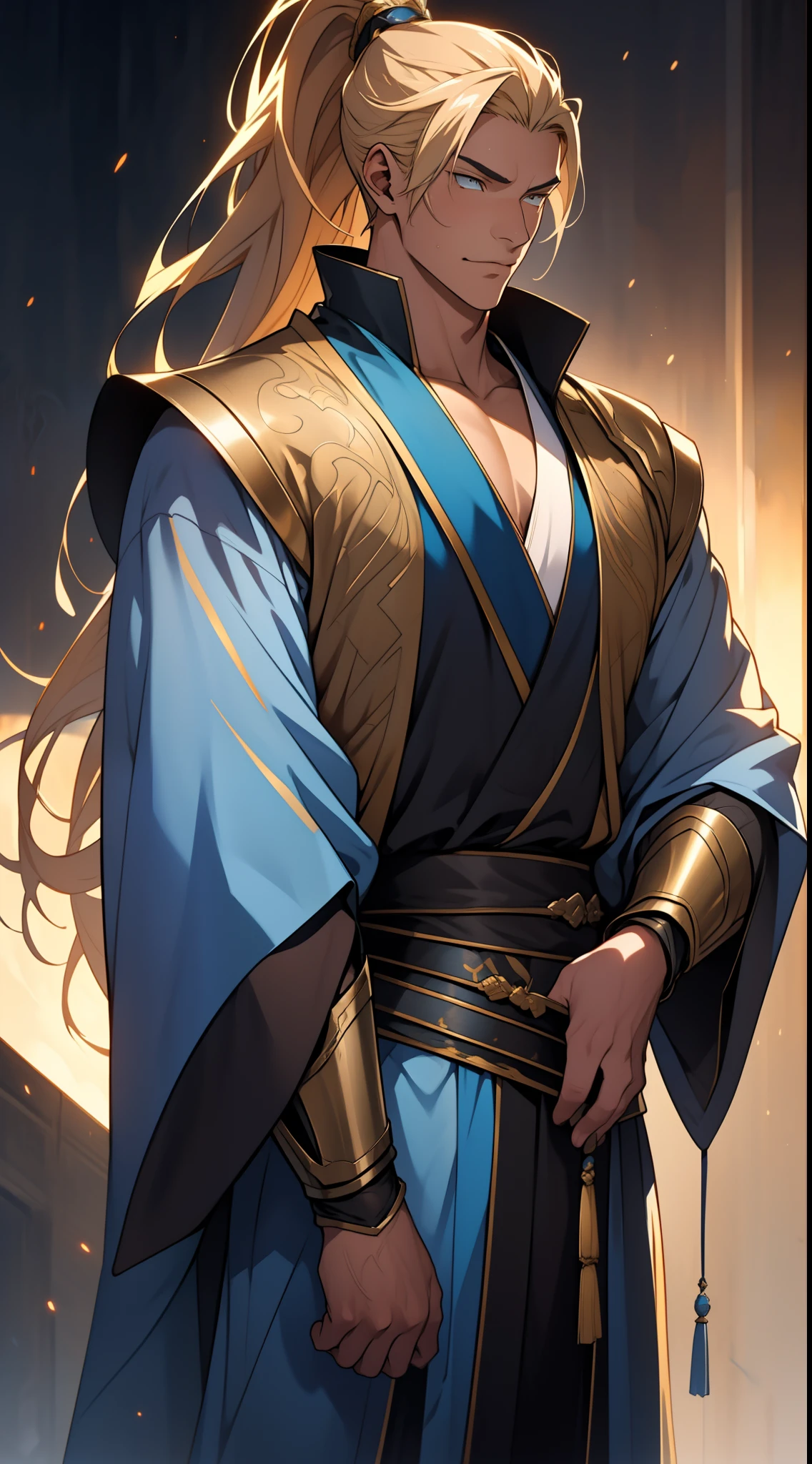 quadratic element，style of anime，mtu（Male Warrior），The proportions are correct，Face details，swordsmen，High ponytail hairstyle，Neck details，There is an Adam's apple，Blue suit，kaftan，long blue robes，clothes details，Handing over，longer sleeves，Game quality，Swordsmanship，Light and shadow tracking，Ray traching，detailed glow，cg render，hair detail，yellow long hair，blue colored eyes，Handsome，Handsome，（juvenile sense），Clothing is complicated，Perfectcomposition，Refinement，high qulity，higher details，Lots of details，The background is complex，a sense of atmosphere，