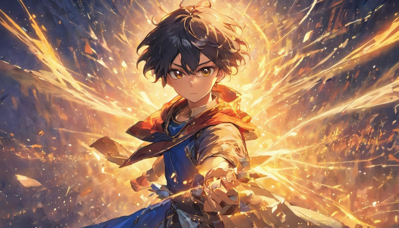 (best quality,4k,8k,highres,masterpiece:1.2),ultra-detailed,(realistic,photorealistic,photo-realistic:1.37),young boy,anime style,expressive eyes,dynamic hairstyle,vibrant colors,playful expression,fantasy background,unique clothing,fantasy adventure,vivid imagination,action pose,mysterious aura,shimmering lights,aura effects,colorful world,artistic rendering,high contrast,crisp lines,anime aesthetic,creative composition,emotionally charged,hidden power,superpowers,heroic stance,epic storytelling,ethereal atmosphere,detailed background,imaginative scenery,fantastical creatures,magic elements,clear and distinct features,captivating gaze,compelling character,elegant movement,fast-paced action,manga-inspired,striking visuals,engaging narrative,fantasy landscapes,epic battles,engrossing storyline,immersive world,dynamic and dramatic,unforgettable journey