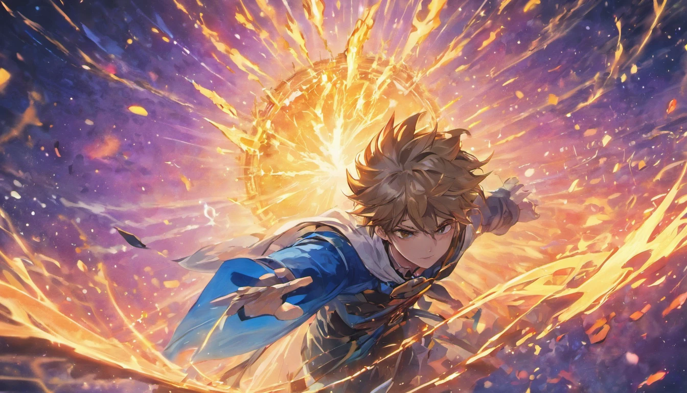 (best quality,4k,8k,highres,masterpiece:1.2),ultra-detailed,(realistic,photorealistic,photo-realistic:1.37),young boy,anime style,expressive eyes,dynamic hairstyle,vibrant colors,playful expression,fantasy background,unique clothing,fantasy adventure,vivid imagination,action pose,mysterious aura,shimmering lights,aura effects,colorful world,artistic rendering,high contrast,crisp lines,anime aesthetic,creative composition,emotionally charged,hidden power,superpowers,heroic stance,epic storytelling,ethereal atmosphere,detailed background,imaginative scenery,fantastical creatures,magic elements,clear and distinct features,captivating gaze,compelling character,elegant movement,fast-paced action,manga-inspired,striking visuals,engaging narrative,fantasy landscapes,epic battles,engrossing storyline,immersive world,dynamic and dramatic,unforgettable journey