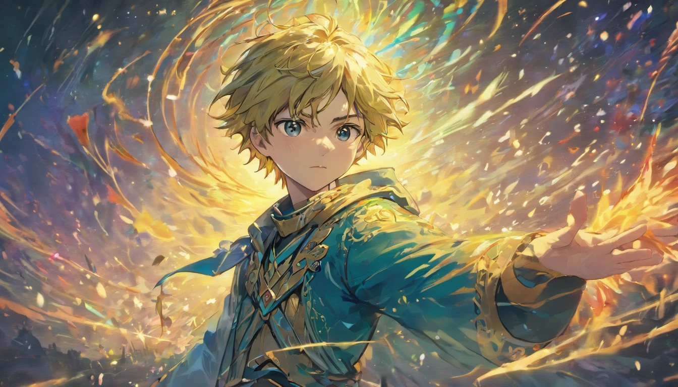 (best quality,4k,8k,highres,masterpiece:1.2),ultra-detailed,(realistic,photorealistic,photo-realistic:1.37),young boy,anime style,expressive eyes,dynamic hairstyle,vibrant colors,playful expression,fantasy background,unique clothing,fantasy adventure,vivid imagination,action pose,mysterious aura,shimmering lights,aura effects,colorful world,artistic rendering,high contrast,crisp lines,anime aesthetic,creative composition,emotionally charged,hidden power,superpowers,heroic stance,epic storytelling,ethereal atmosphere,detailed background,imaginative scenery,fantastical creatures,magic elements,clear and distinct features,captivating gaze,compelling character,elegant movement,fast-paced action,manga-inspired,striking visuals,engaging narrative,fantasy landscapes,epic battles,engrossing storyline,immersive world,dynamic and dramatic,unforgettable journey