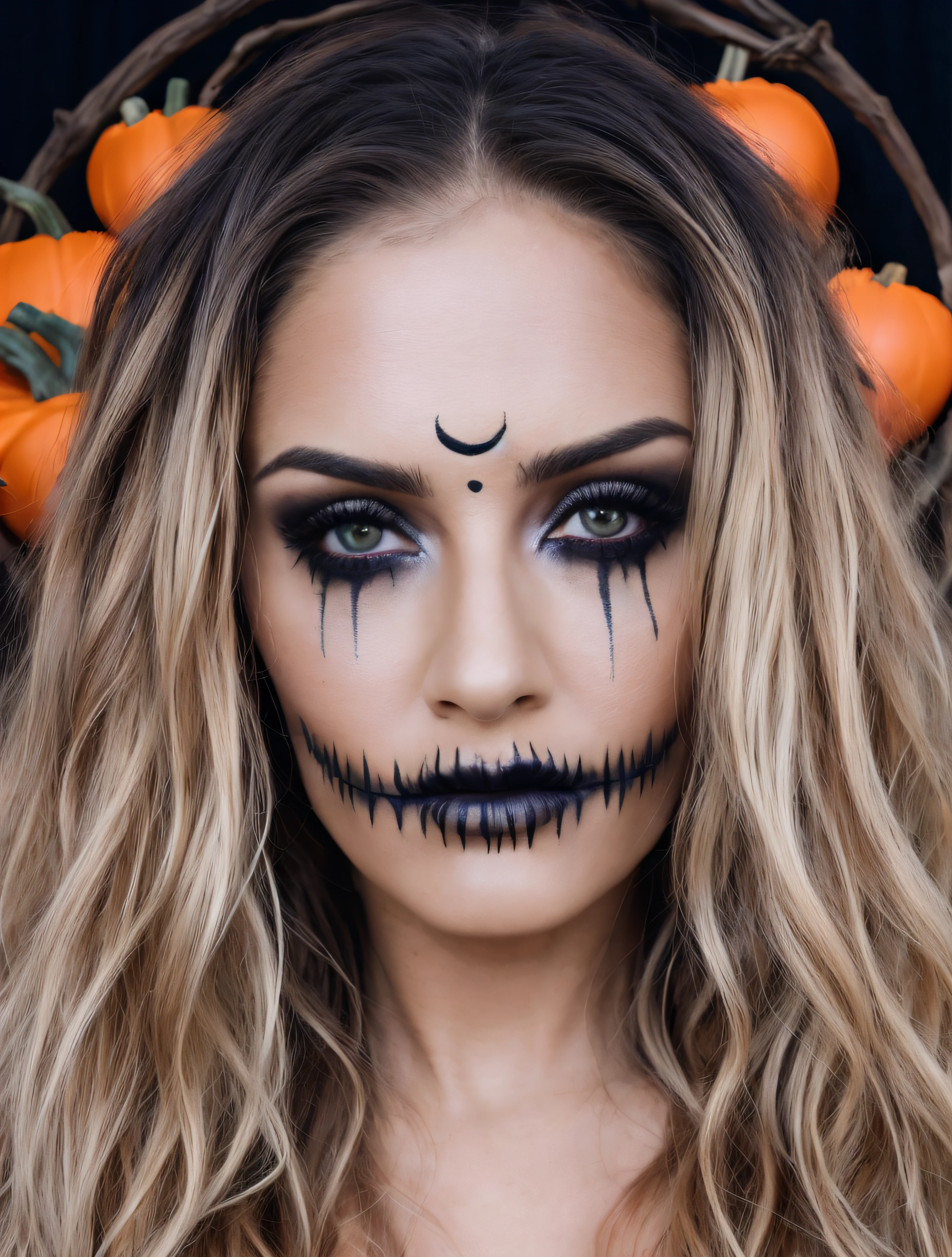 RAW photo, 1girl, [Salma Hayek|Marilyn Monro|(Jennifer Aniston:0.8)], perm hair, HWmakeup, (Halloween costume:1.1), complex Halloween cafe background, autumn, Halloween, Halloween theme, Halloween colors, (cozy atmosphere:1.2) 8k uhd, dslr, soft lighting, high quality, film grain, Fujifilm XT3, (intricate details:0.9), (hdr, hyperdetailed:1.2)