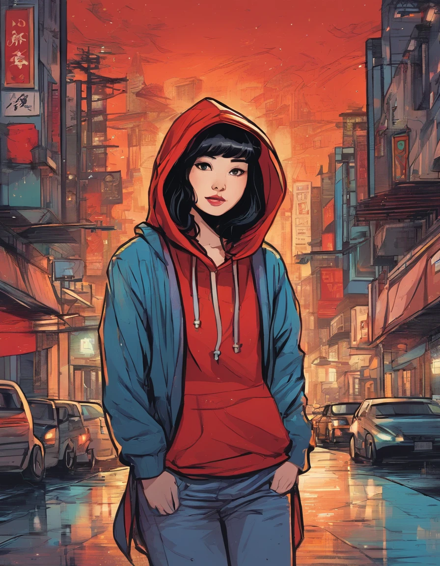 A confident young woman,Asian people,Wear a hoodie with a red dragon pattern, On the streets soaked with rain at night
