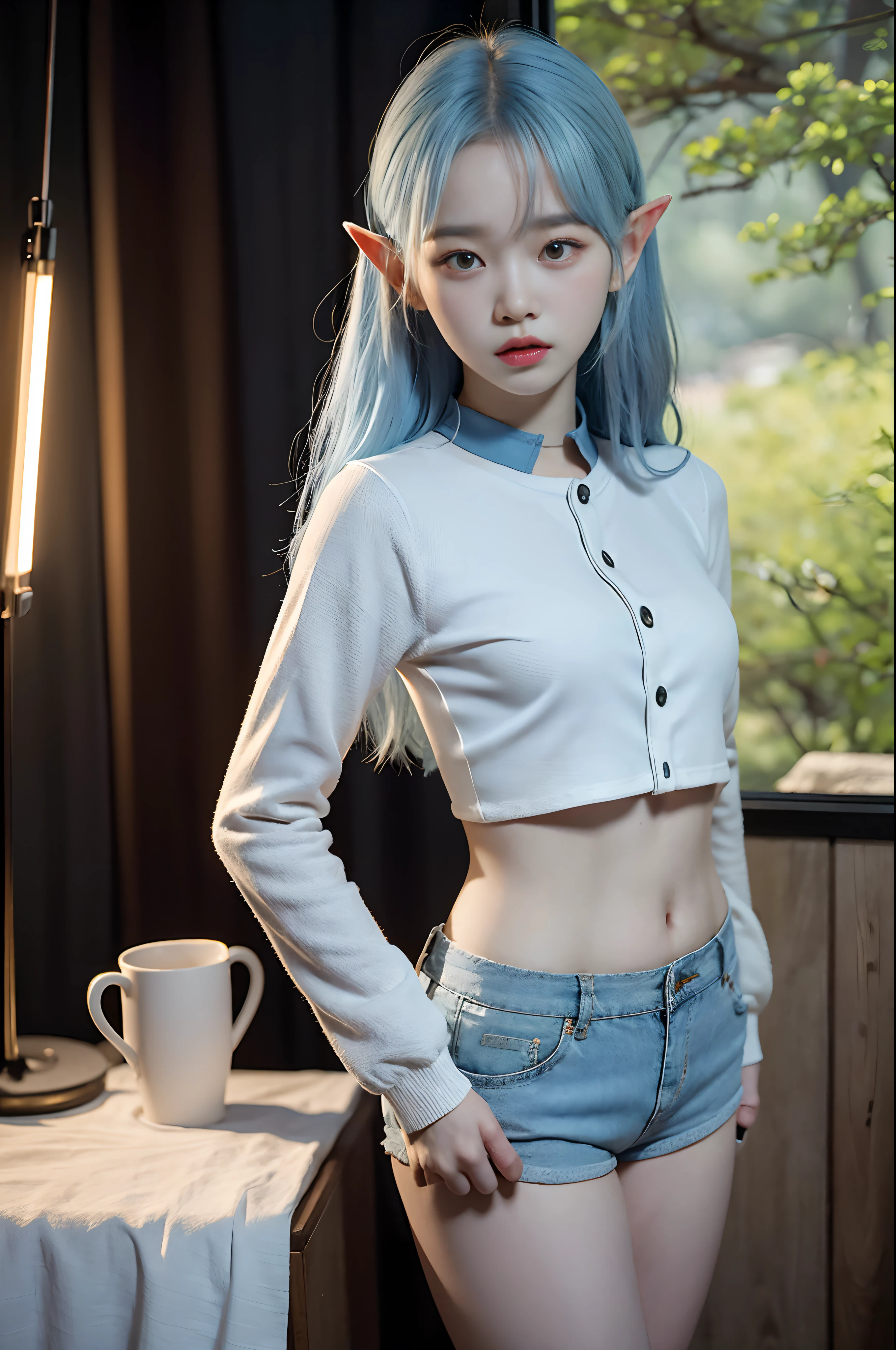 young elf girl, kim chaewon as a sexy elf, kim chaewon is a petite young girl, masterpiece, best quality, 1girl, forest background, kim chaewon, petite girl, small breast, petite figure, light blue hair, face front, crop top shirt, white tight shorts, emotional face, make up, studio light, studio