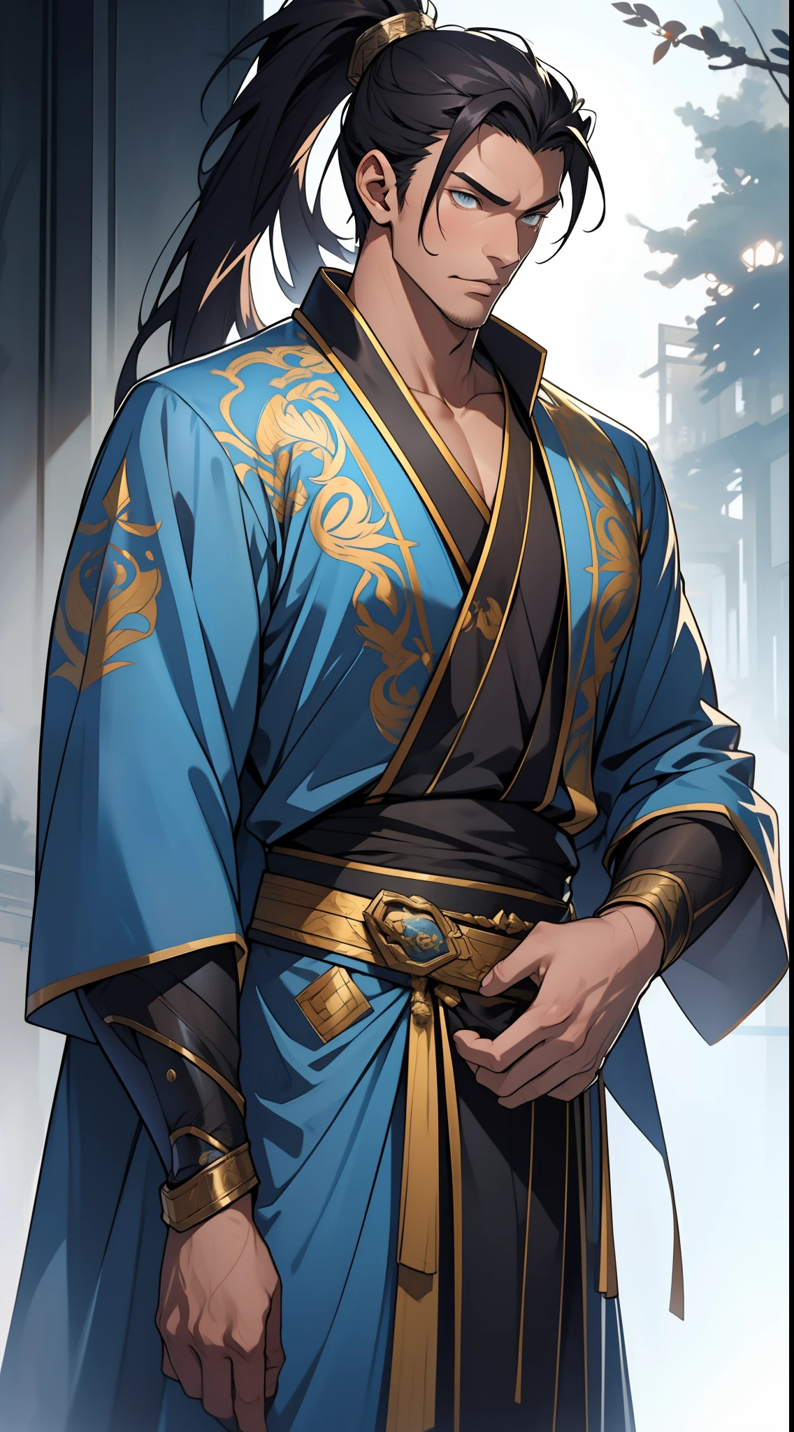 quadratic element,style of anime,mtu(Male Warrior),The proportions are correct,Face details,swordsmen,High ponytail hairstyle,Neck details,There is an Adam's apple,Blue suit,kaftan,long blue robes,clothes details,Handing over,longer sleeves,Game quality,Swordsmanship,Light and shadow tracking,Ray traching,detailed glow,cg render,hair detail,yellow long hair,blue colored eyes,Handsome,Handsome,(juvenile sense),Clothing is complicated,Perfectcomposition,Refinement,high qulity,higher details,Lots of details,The background is complex,a sense of atmosphere,