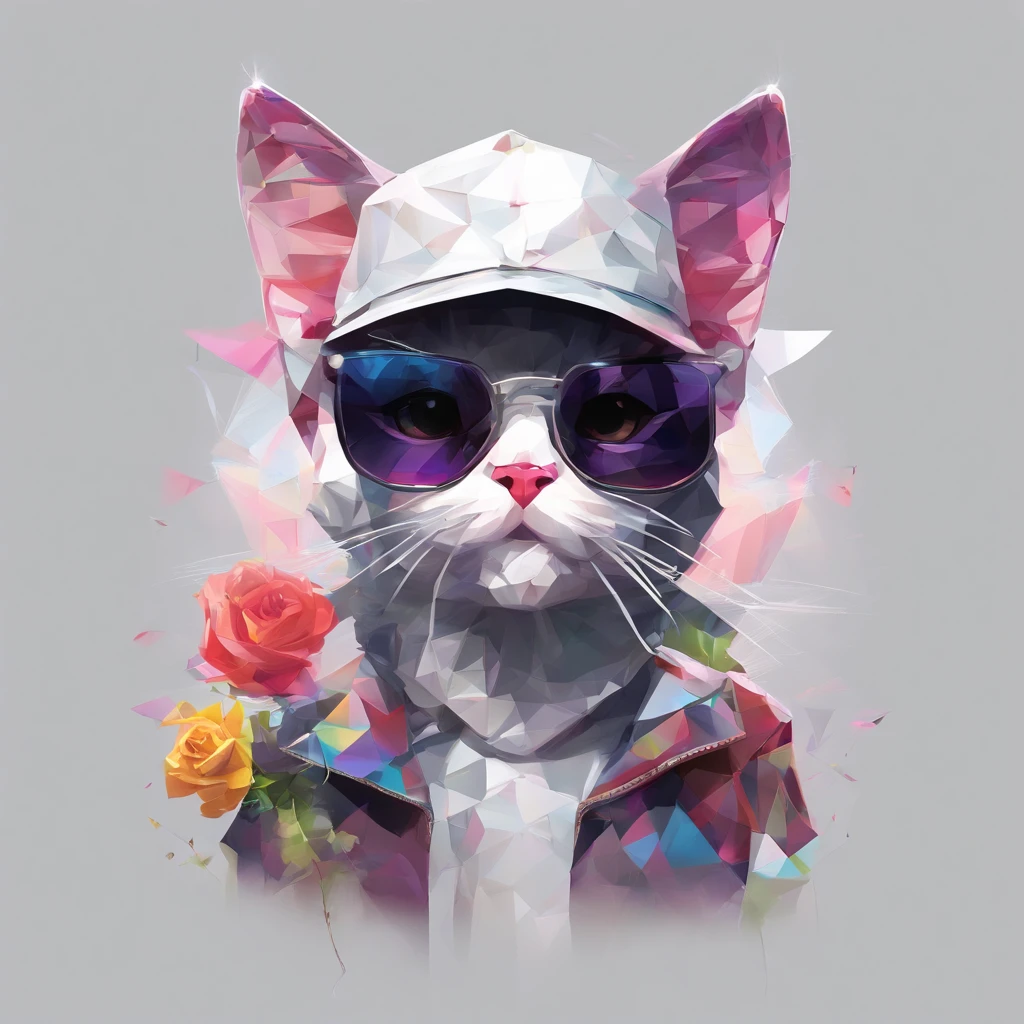 Perfect alignment, Cute little goth cat in jacket,Crystal Vase,Rose flower, Wearing sunglasses, cheerfulness, Standing position, Abstract beauty, Centered, Looking at the camera, Facing the camera, Approaching perfection, Dynamic, Highly detailed, Smooth, Sharp Focus, 8K, hight resolution, Illustration, art by carne griffiths and wadim kashin, White background、Colorful Sunglasses、wearing a baseball cap