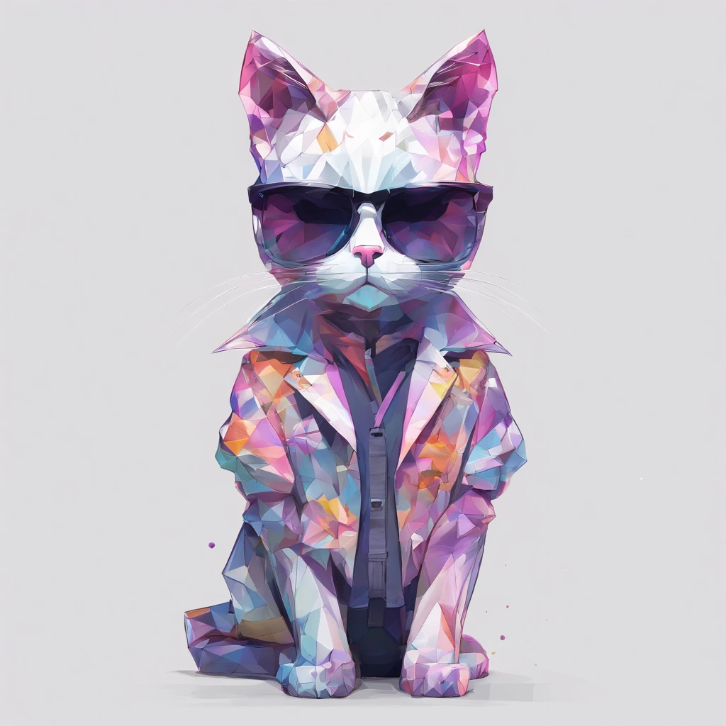 Perfect alignment, Cute little goth loli cat in jacket,Crystal Vase,Rose flower, Wearing sunglasses, cheerfulness, Standing position, Abstract beauty, Centered, Looking at the camera, Facing the camera, Approaching perfection, Dynamic, Highly detailed, Smooth, Sharp Focus, 8K, hight resolution, Illustration, art by carne griffiths and wadim kashin, White background、Colorful Sunglasses、wearing a baseball cap