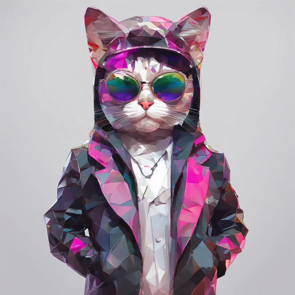 Perfect alignment, Cute little goth loli cat in jacket,Crystal Vase,Rose flower, Wearing sunglasses, cheerfulness, Standing position, Abstract beauty, Centered, Looking at the camera, Facing the camera, Approaching perfection, Dynamic, Highly detailed, Smooth, Sharp Focus, 8K, hight resolution, Illustration, art by carne griffiths and wadim kashin, White background、Colorful Sunglasses、wearing a baseball cap