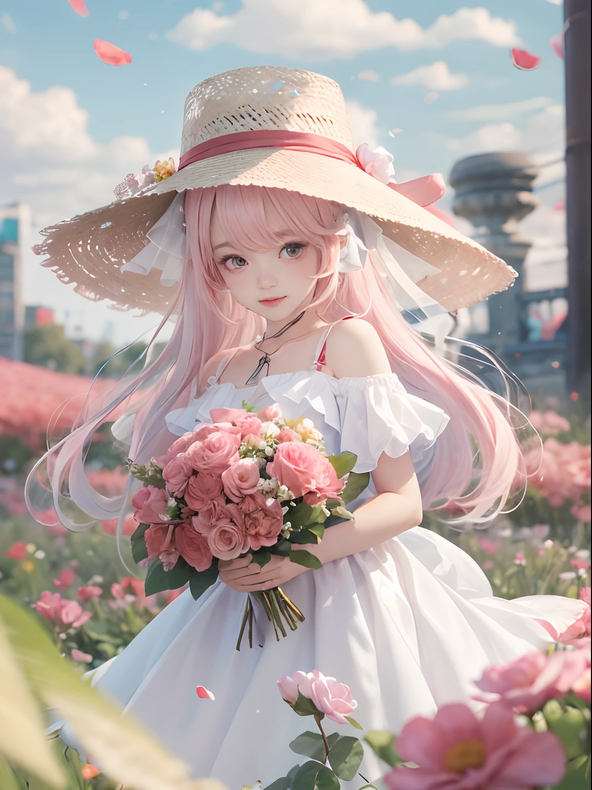 ((Masterpiece, Best quality)), 1girll, flower, Solo, dress, Holding, sky, Cloud, Hat, Outdoors, bangs, Bouquet, Rose, Expressionless, Blush, Pink hair, flower  field, Red flower, Pink eyes, White dress, view the viewer, medium haired, holding flower, Small breasts, Red rose, holding flower bouquet, Sun hat, White headwear, Depth of field,