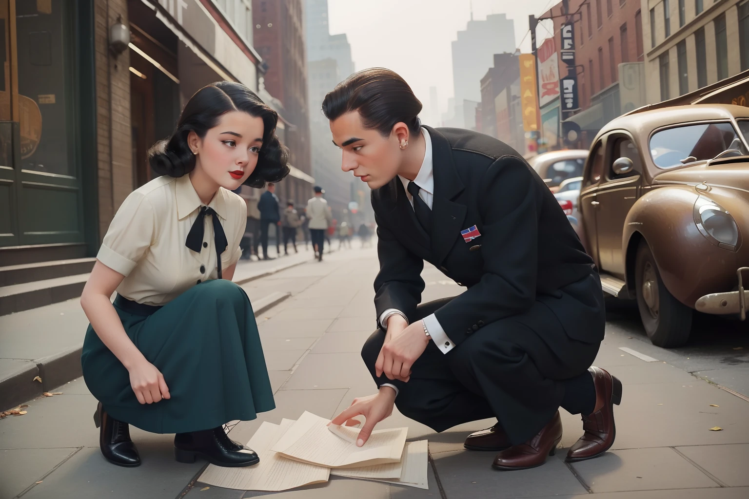 Year: 1946. Location: New York. scene with a young woman with black hair and working clothes kneeling in the street to pick some fallen papers, a man helping her ((1940s clothes)) ((1940s hairstyle)) ((in the style of "OMITB")) ((cinematic style))