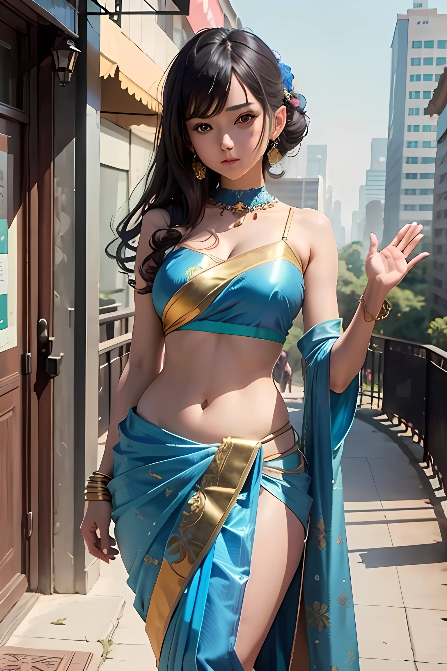 anime girl , head to toe standing pose , facing the viewer, wearing silky blue saree without frills , body above hip fully covered with saree, absolutely bottom-less , waving her upper-body clothing , 8K , american city life , masterpiece