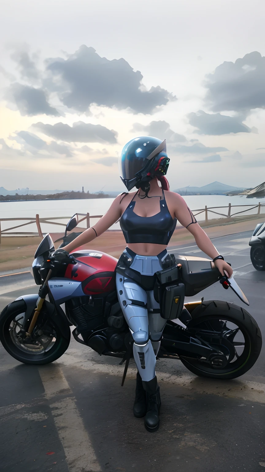 Hermosa mujer, voluptuoso cuerpo entero, Usando casco de moto que oculta su rostro, usando armadura estilo ciberpunk ,condenar, Warhammer 40.000 precioso y hundido, Bright and moist sculptural body, usando mecha de metal desgastado, rojo y blanco, Wet and shiny latex clothing, campo de batalla, alien planet, naves gigantes, Alien buildings destroyed by battle,