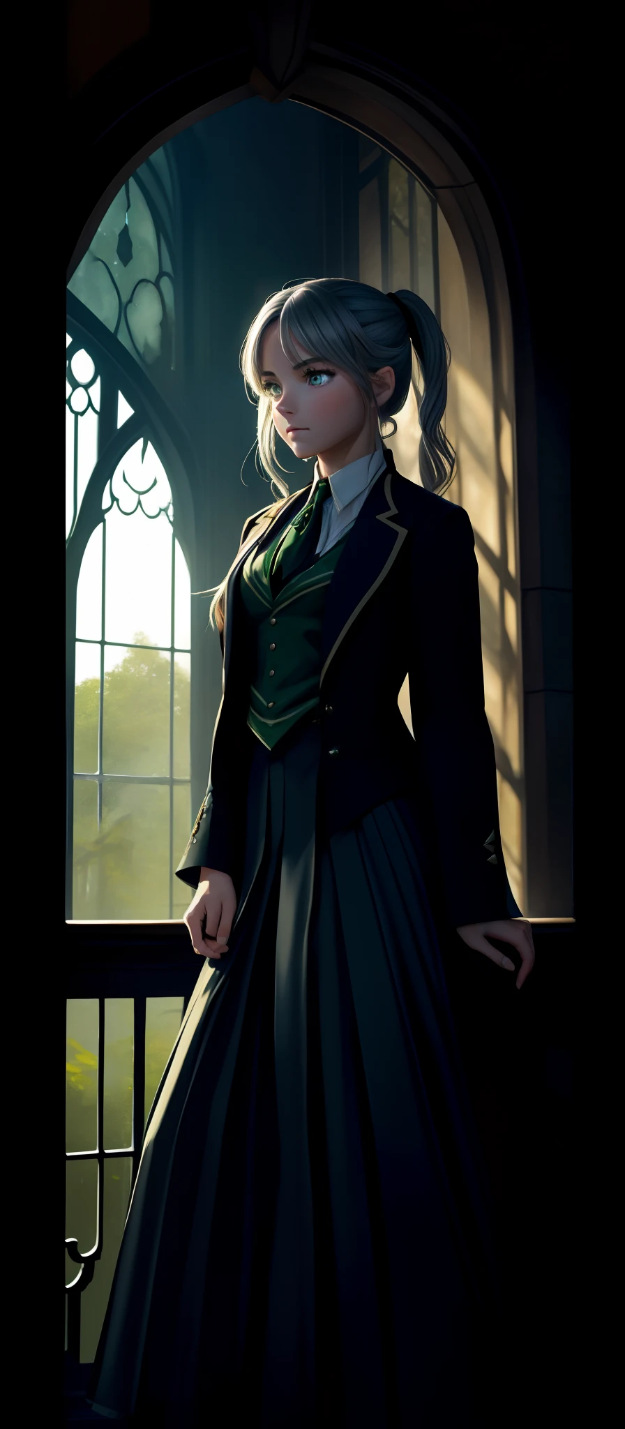 (hight resolution, Best Quality:1.2), brilliance, soft contour, a beautiful painting, Cowboy Shot, (masutepiece), 1girl in, Beautiful Girl, Hogwarts Background, Background of the magical world, Background inside the mansion, Shadow Window, Hogwarts Background, Black background, hogwarts school uniform, hogsks, Slytherin, Gray hair in a ponytail, Yellow eyes, Angry look, School Dress, Long skirt, Green tie, cool lady