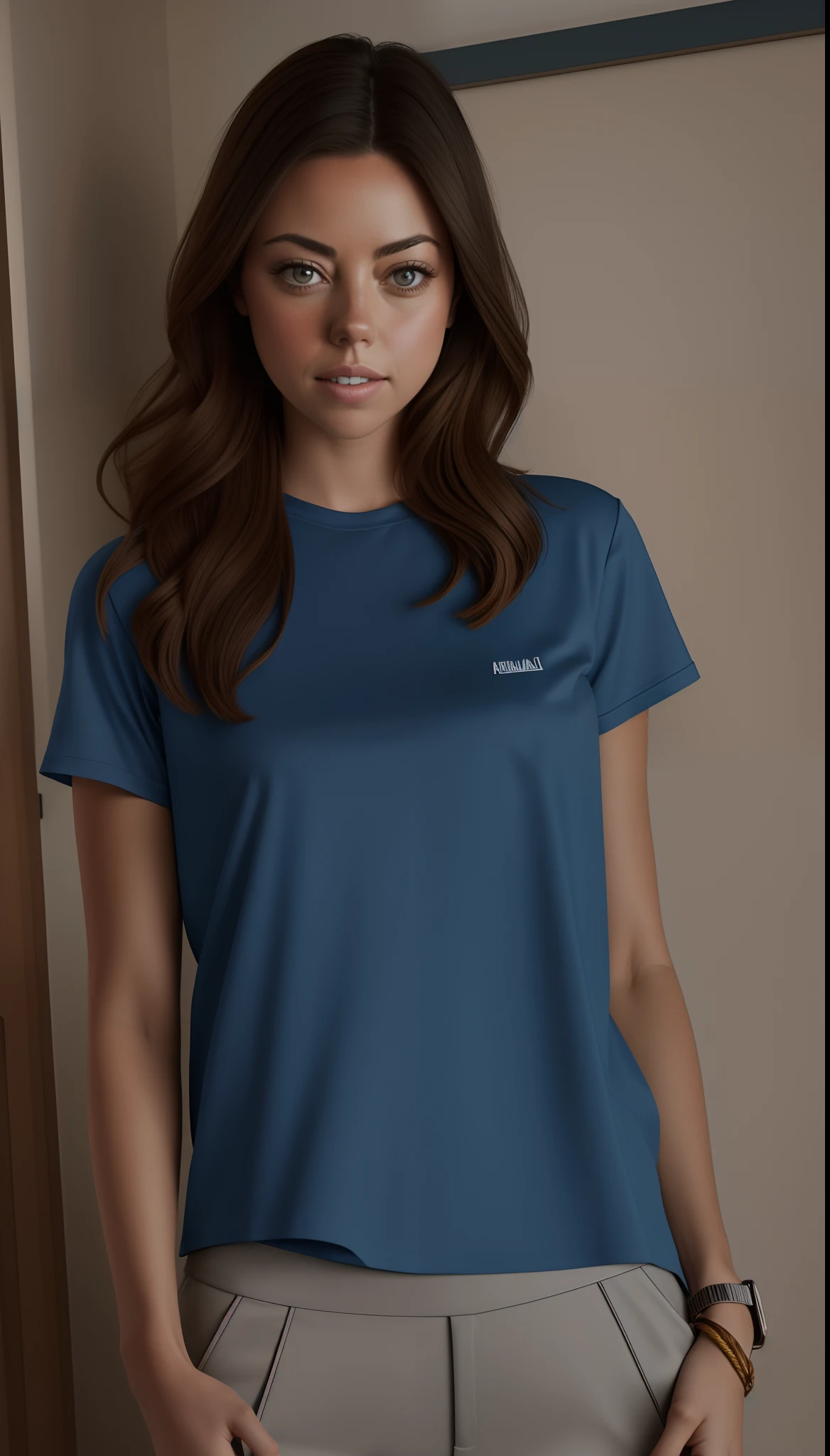 Arafed woman in a blue top and gray pants holding a toothbrush, tshirt azul apertada, foto colorida, camisa azul, uma foto colorida, vestindo uma camiseta, em camiseta, Colouring, clothed non - portrait, camiseta molhada, camiseta molhada, feito com photoshop, aubrey plaza, em uma camisa polo escura, 2 Modelo feminina de 4 anos, fotografia realista, fotografia, obra-prima, realista, Realismo, renderizado, Alto contraste, Arte Digital, fotográficorealista, trend in Artstation 8k HD, high definiton, circunstanciado, Realistic, detalhada, textura da pele, hiperdetalhada, Textura realista da pele, melhor qualidade, ultra high-resolution, (fotografia realista: 1.4), alta resolução, detalhada, fotografia crua, sharp resolution, Nikon D850 filmes, fotografia de stock 4, Kodak Portra 400 Camera F1 Lens.6, textura hiper realista, lighting dramatic, Unrealistic trend in Artstation Cinestill 800, .RAW.