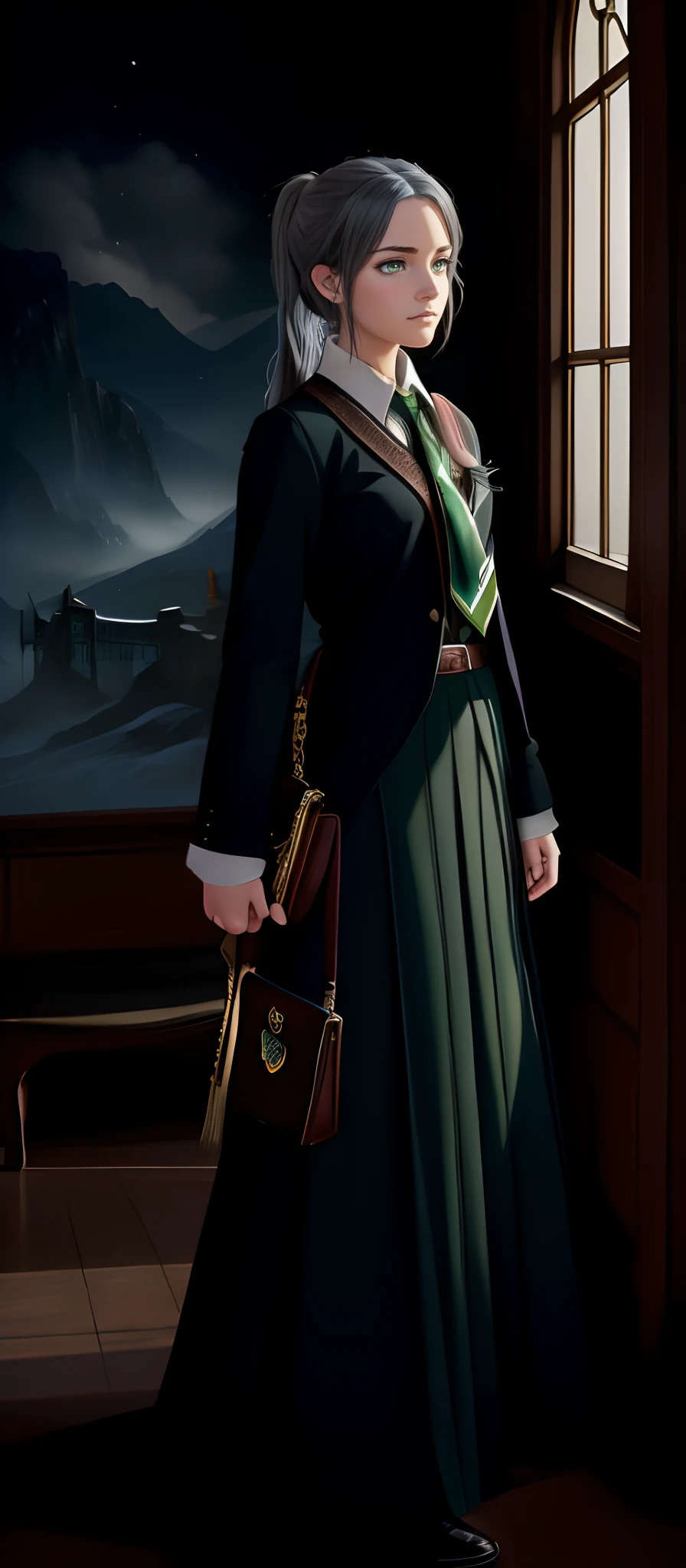(hight resolution, Best Quality:1.2), brilliance, soft contour, a beautiful painting, Cowboy Shot, (masutepiece), 1girl in, Beautiful Girl, Hogwarts Background, Background of the magical world, Background inside the mansion, Shadow Window, Hogwarts Background, Black background, hogwarts school uniform, hogsks, Slytherin, Gray hair in a ponytail, Yellow eyes, Angry look, School Dress, Long skirt, Green tie, cool lady