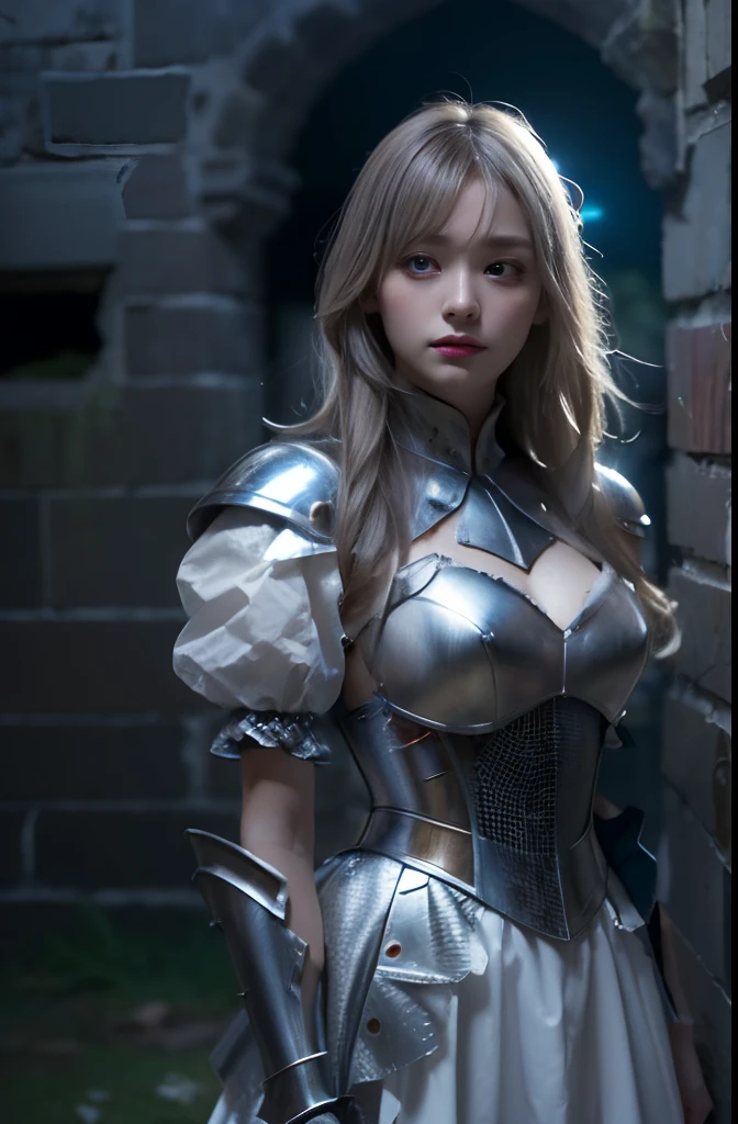 8K, Raw photo, Photorealistic, Realistic, (Detailed skin, Best Quality:1.2), ((armored dress, White long hair:1.4, short bangs)), Japanese lady at night, (Fairer skin, skinny body), looking away, (foggy night, Abandoned European castle, cracked wall,), cinematic dark lighting