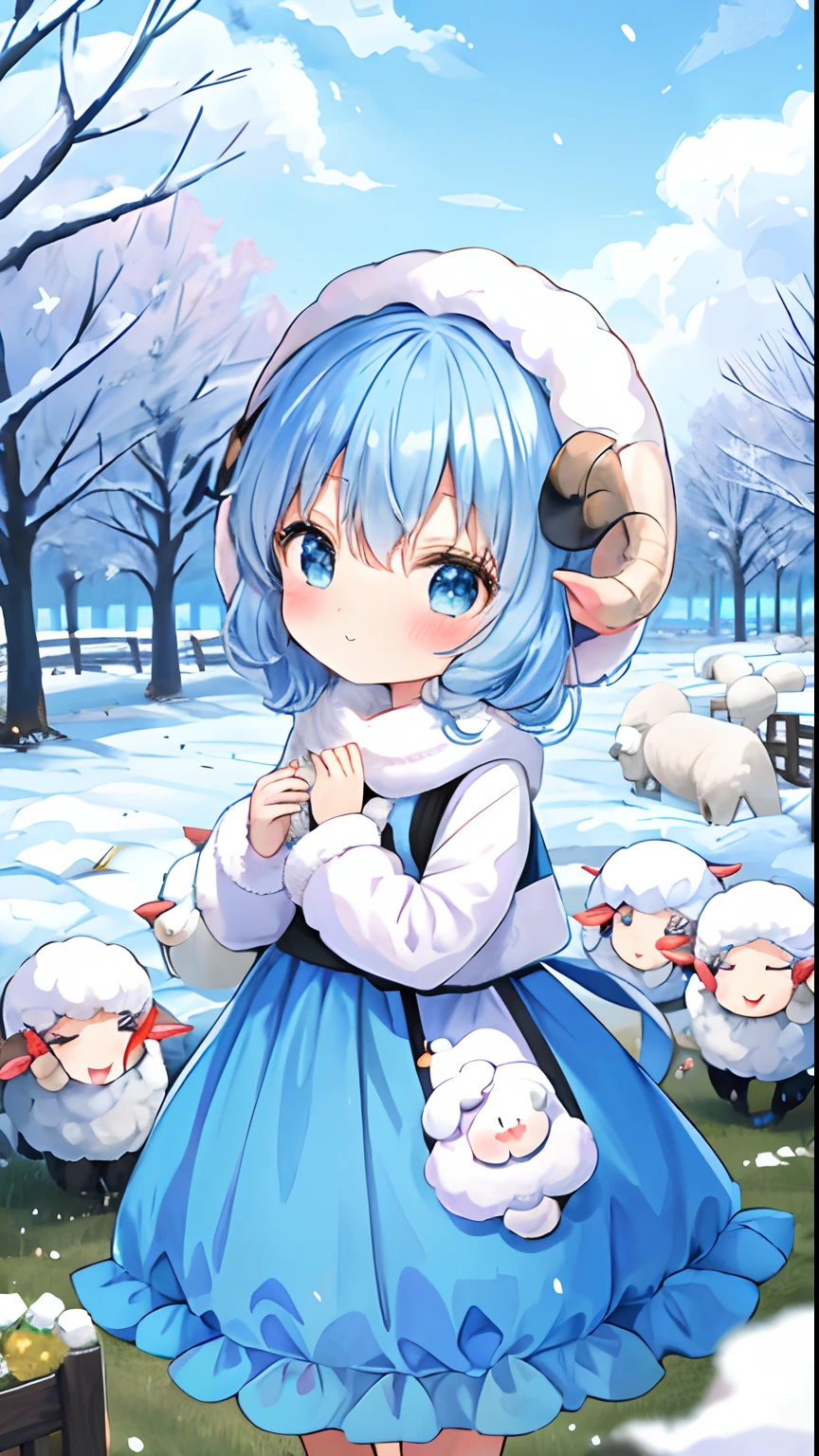 (chibi:1.3), blue hair, sheep around, winter, white sheep everywhere, flock of sheep, kawaiitech, kawaii, cute, colors, best quality, happy