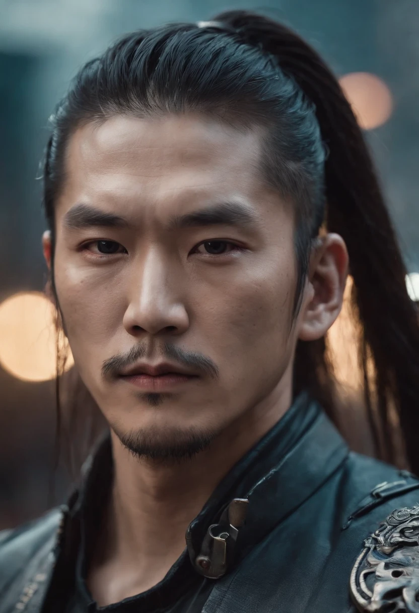 Asian men have long hair and half a ponytail,Wearing a Chinese cyberpunk fashion suit,Single eyelid with tattoo on chest,The eyes are fierce