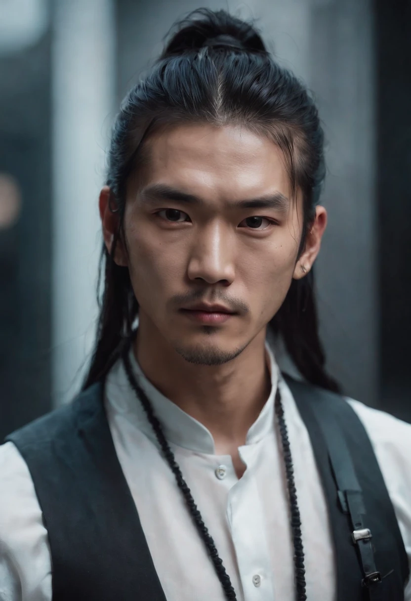 Asian men have long hair and half a ponytail,Wearing a Chinese cyberpunk fashion suit,Single eyelid with tattoo on chest,The eyes are fierce
